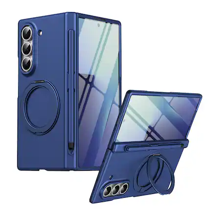 Front. Dteck - for Samsung Galaxy Z Fold6 Matte Hard PC Case,Shockproof Hinge Cover with Ring Stand+Stylus Bulit in Tempered Glass Film - Blue.