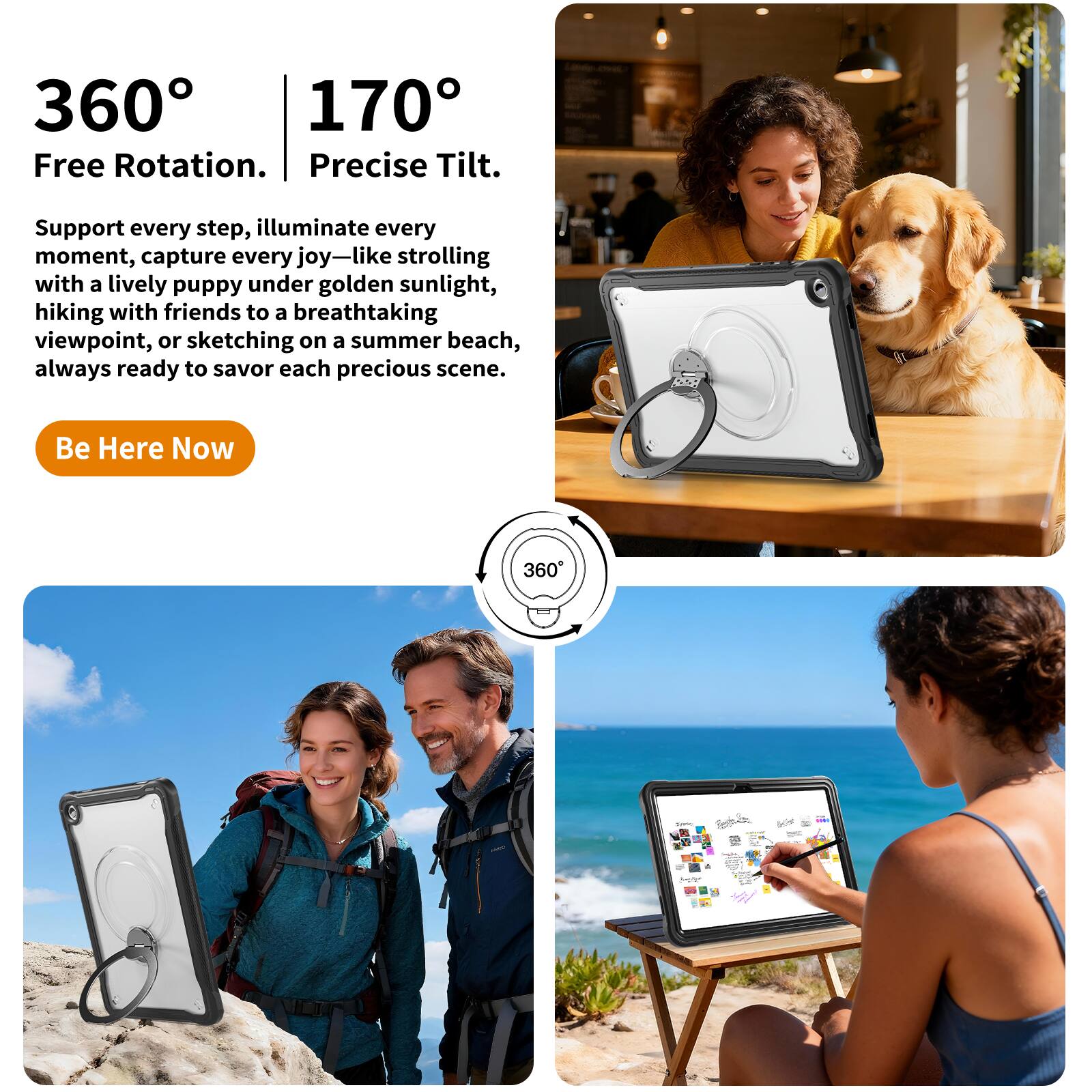 360° Free Rotation.  
170° Precise Tilt.  

Support every step, illuminate every moment, capture every joy—like strolling with a lively puppy under golden sunlight, hiking with friends to a breathtaking viewpoint, or sketching on a summer beach, always ready to savor each precious scene.  

Be Here Now