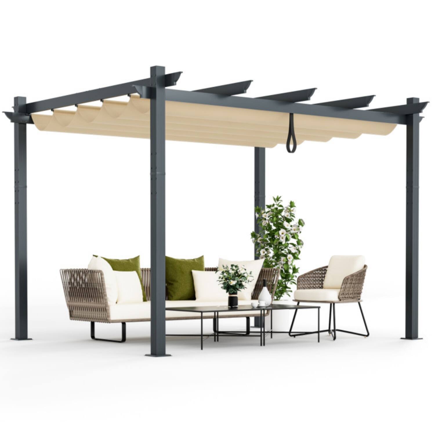 Alt View 6. Mondawe - 10x12 FT Outdoor Aluminum Retractable Pergola w Canopy & Grape Trellis 8' Height - Beige.