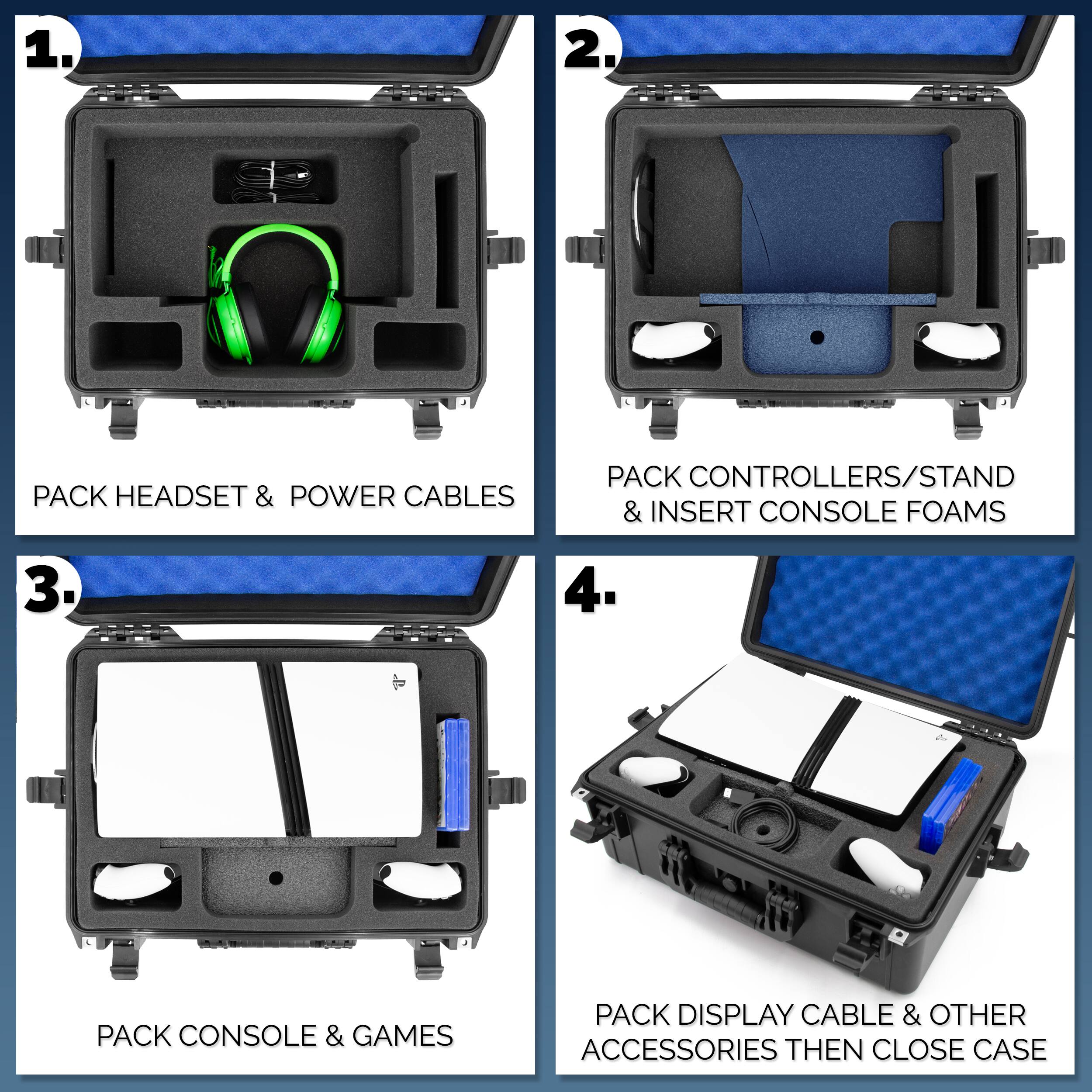 1. PACK HEADSET & POWER CABLES
2. PACK CONTROLLERS/STAND & INSERT CONSOLE FOAMS
3. PACK CONSOLE & GAMES
4. PACK DISPLAY CABLE & OTHER ACCESSORIES THEN CLOSE CASE