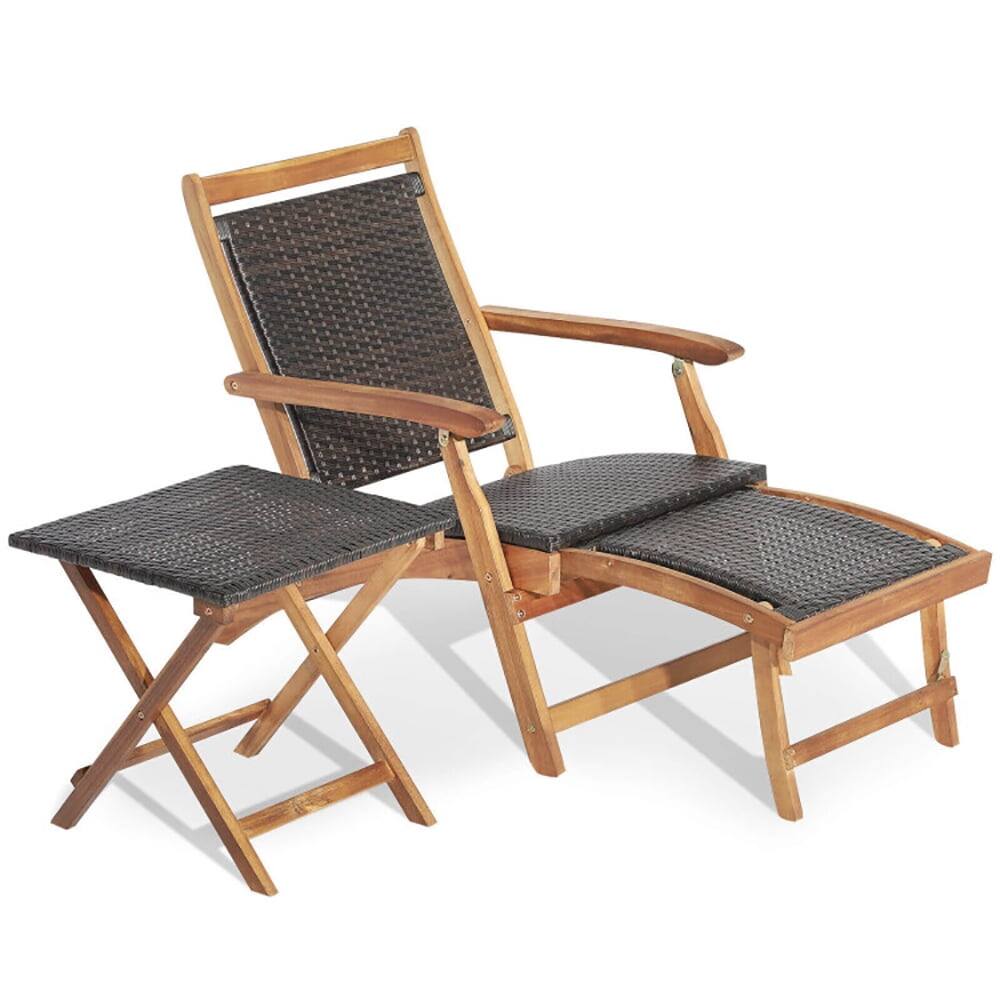 Alt View 2. Kadyn - Outdoor Chaise Lounge Chair, 2 Pcs Patio Rattan Folding Lounge Chair with Acacia Wood Table - Brown.