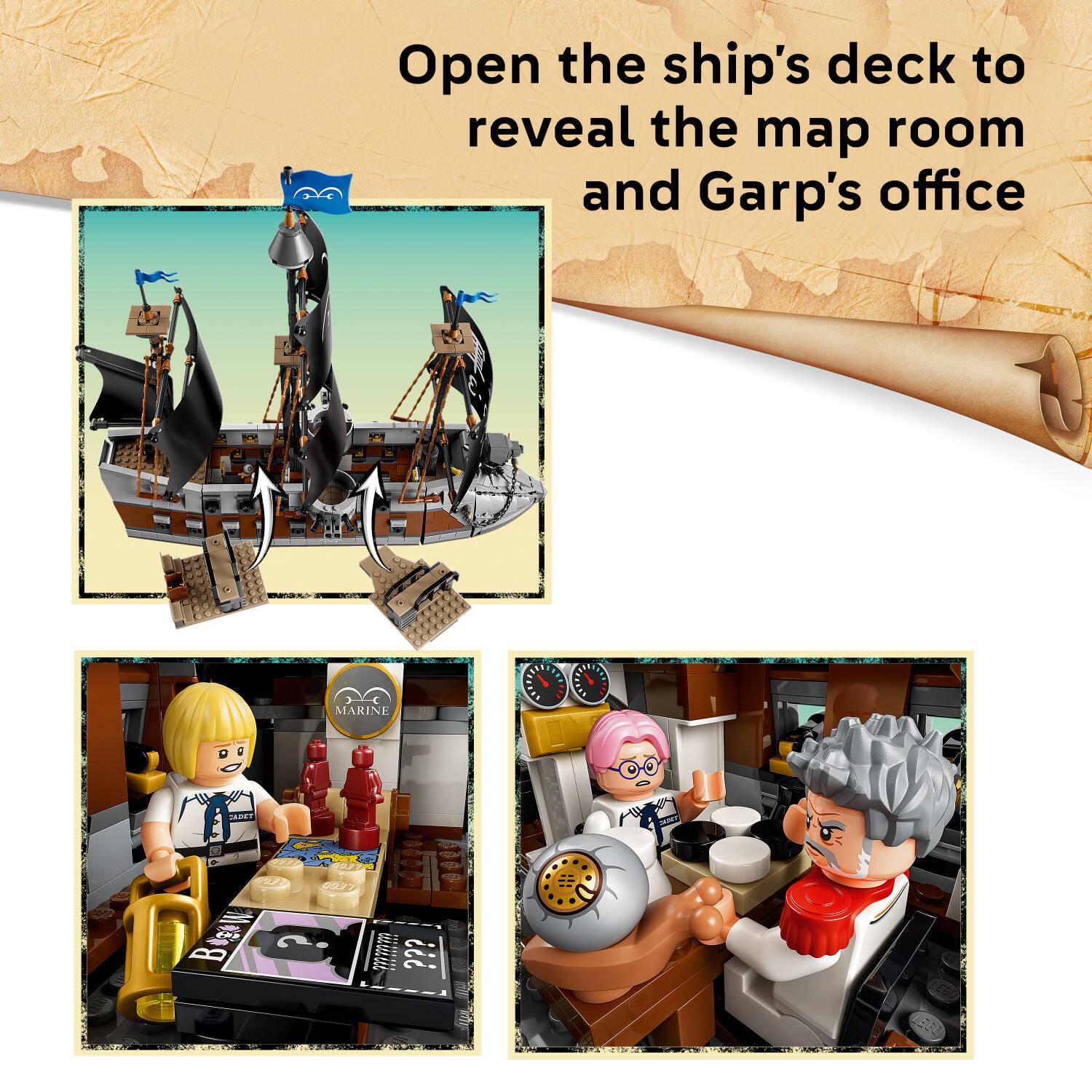 Open the ship's deck to reveal the map room and Garp's office