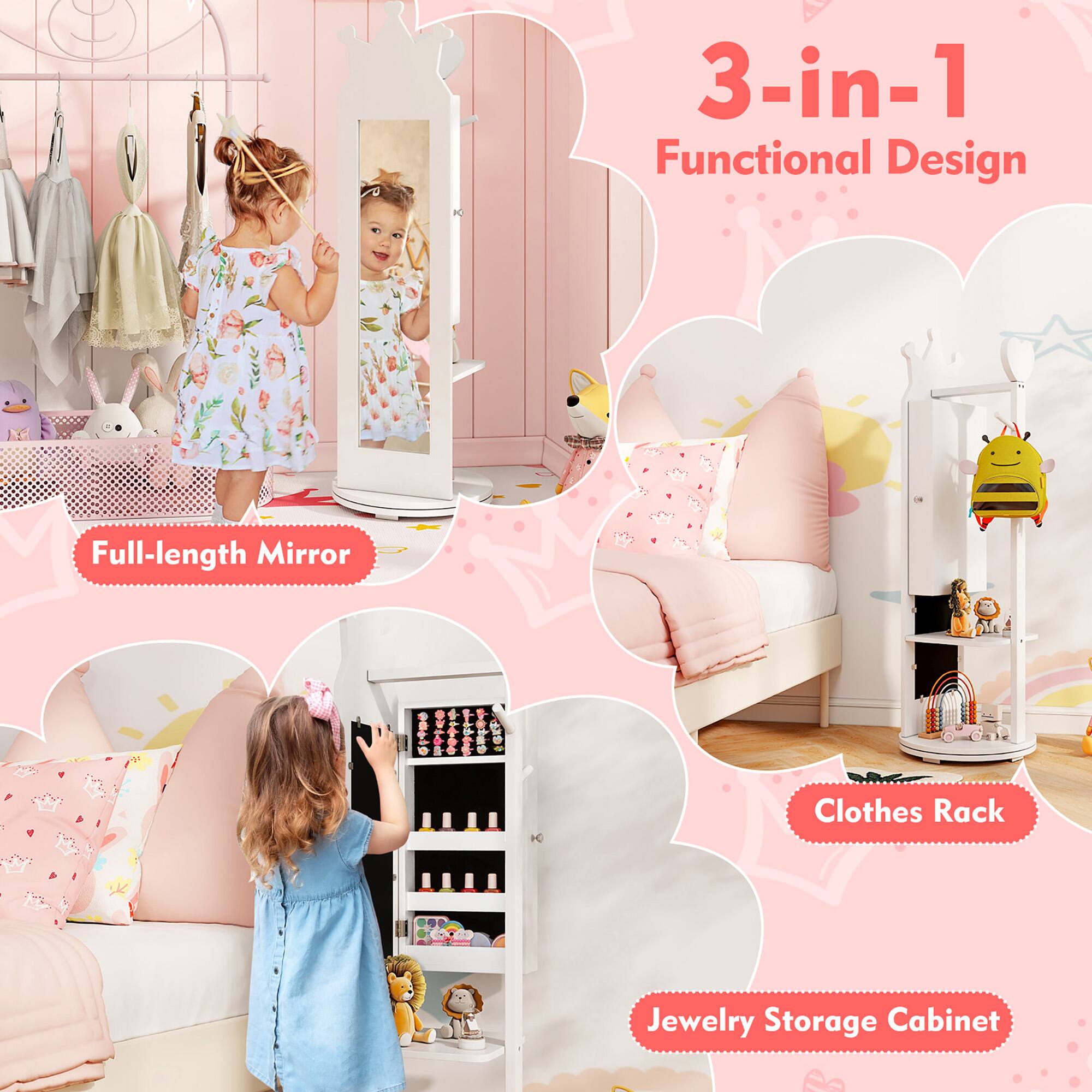 3-in-1 Functional Design

- Full-length Mirror
- Clothes Rack
- Jewelry Storage Cabinet