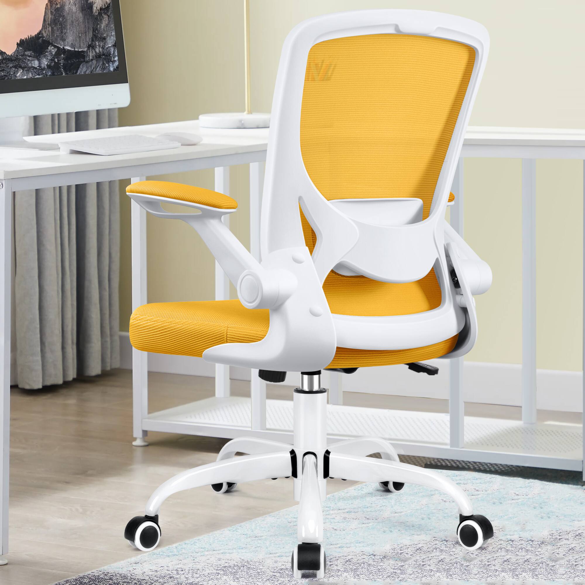 Alt View 4. KERDOM - Colorful Office Chair, Ergonomic Mesh Chair with Lumbar Support, Swivel Desk Chair with Flip-up Arms, Height Adjustable - Yellow.