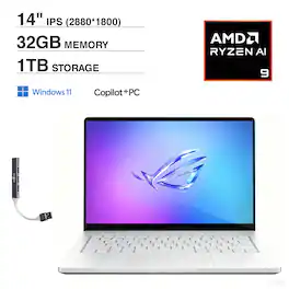 ASUS - ROG Zephyrus G14 Gaming Laptop, Ryzen AI 9 HX 370, 32GB, 1TB SSD, 14.0" (2880x1800), RTX 5070 Ti, Win 11 Home - Platinum White