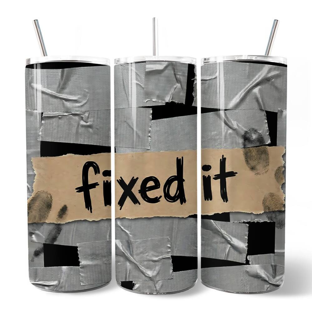 Front. OrnamentallyYou - Duct Tape Fixed It 20oz Tumbler With Lid and Stainless Steel Straw, Funny Handyman Gift Cup - Multicolored.