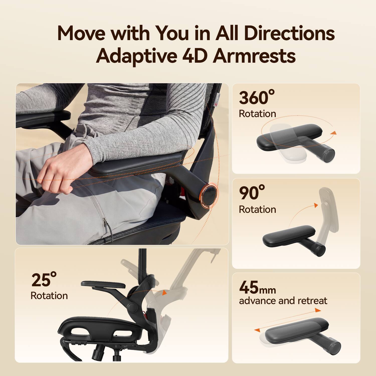 Move with You in All Directions  
Adaptive 4D Armrests

- 360° Rotation
- 90° Rotation
- 25° Rotation
- 45mm advance and retreat