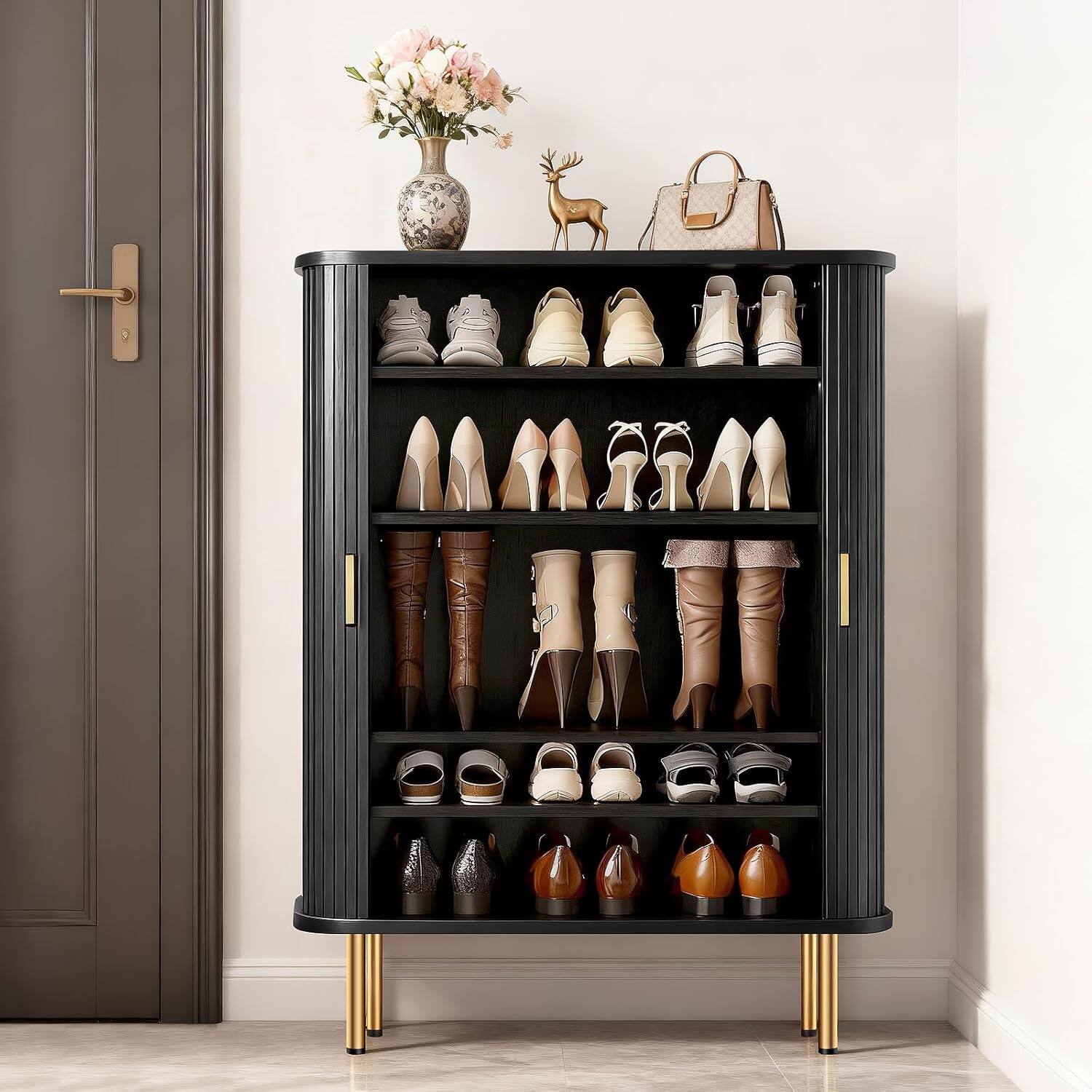 Back. Tiramisubest - 31.5" 6-Tier Shoe Storage Cabinet with Sliding Door & Adjustable Shelves,Mid-Century Freestanding Shoe Storage Organizer - Black.