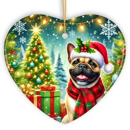 Front. OrnamentallyYou - Frosty French Bulldog Ornament Charming Pup Decoration for Magical Christmas Heart Version - Multi-colored.