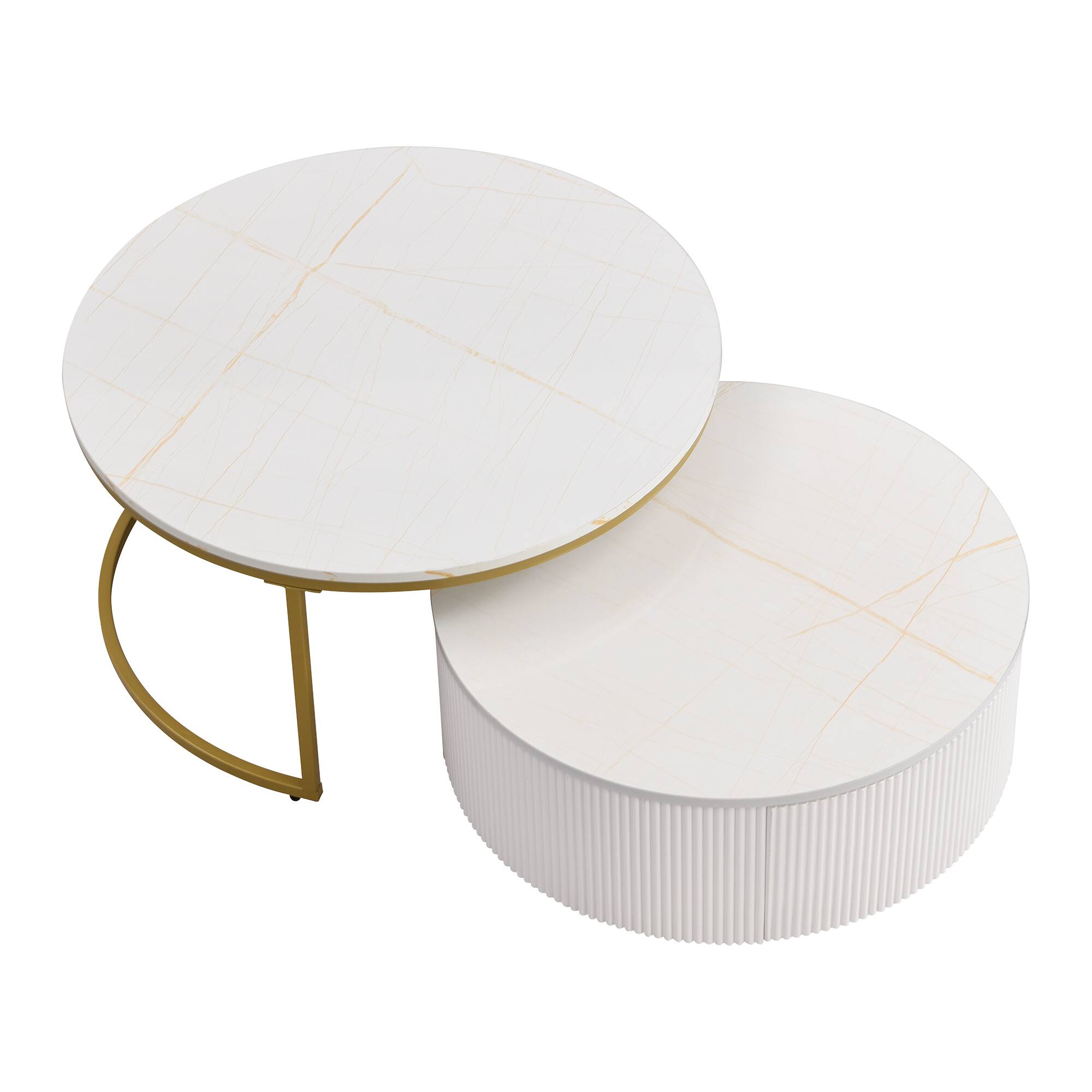Alt View 5. Tiramisubest - Modern Round Nesting Coffee Table Fluted with Drawer in White & Gold in 27.6" - White.