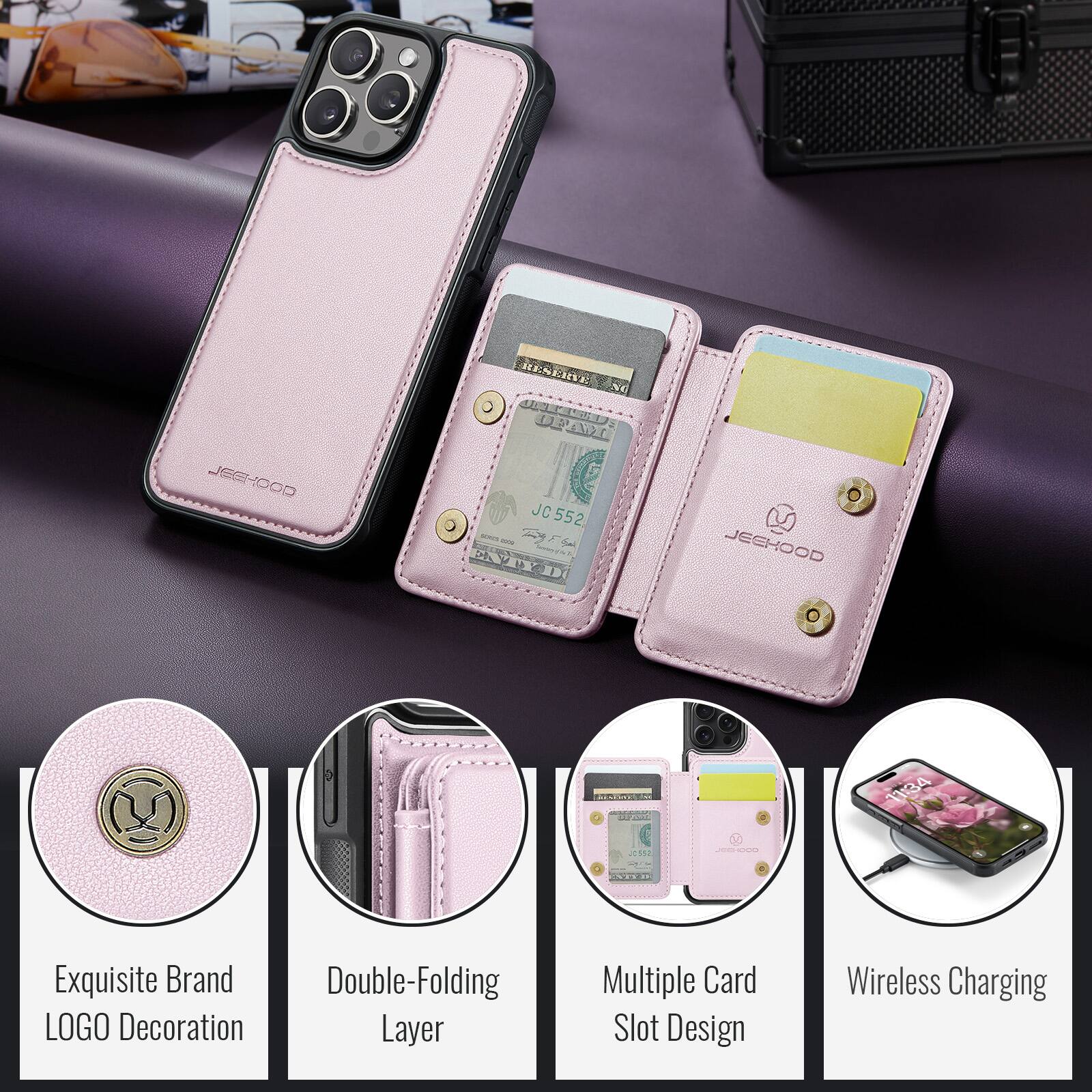 JEGHOOD RENERSE NG UPA JC 552 I Oual JEGHOOD 11:34 2. Exquisite Brand Double-Folding LOGO Decoration Layer Multiple Card Slot Design Wireless Charging