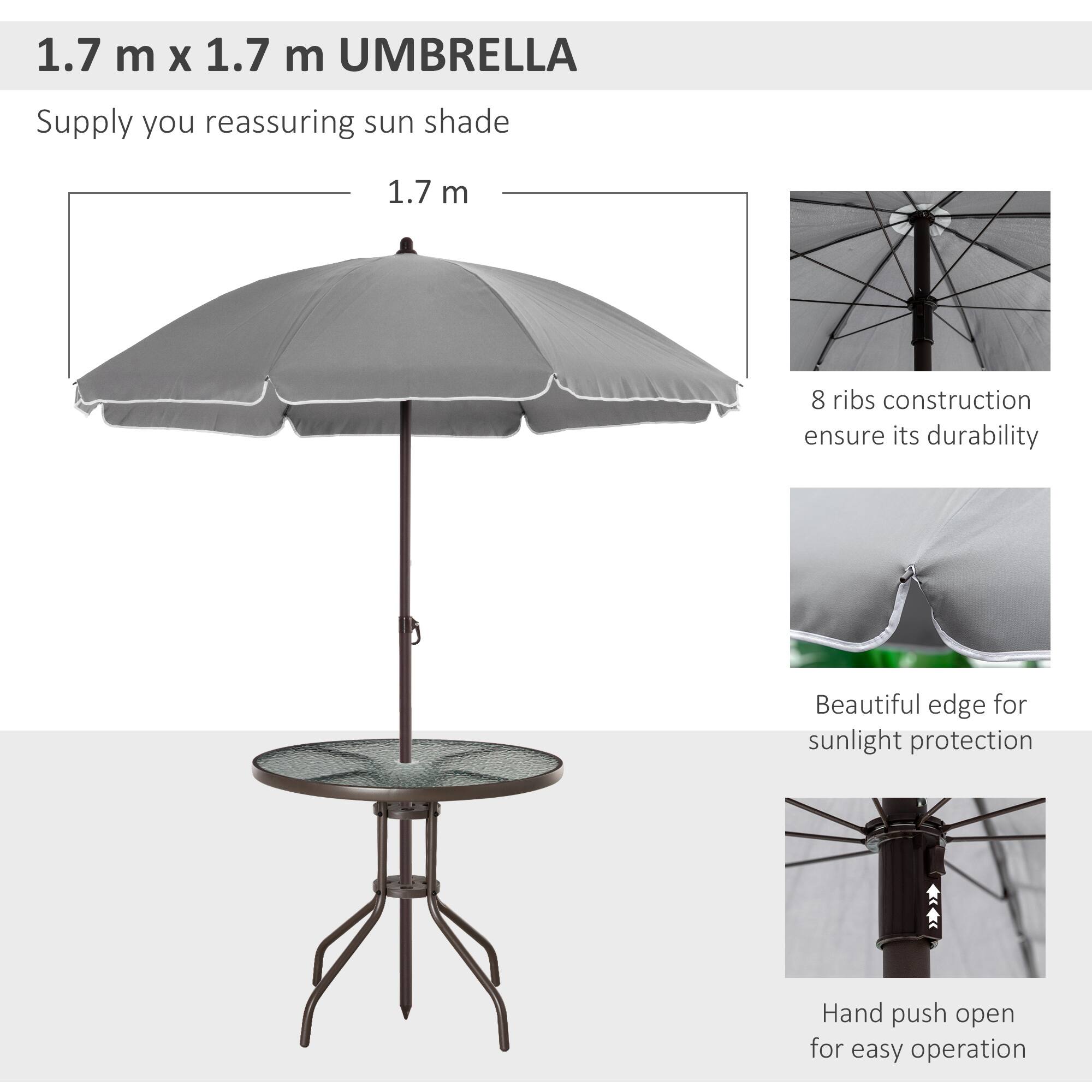 1.7 m X 1.7 m UMBRELLA
Supply you reassuring sun shade
1.7 m
8 ribs construction ensure its durability
Beautiful edge for sunlight protection
Hand push open for easy operation