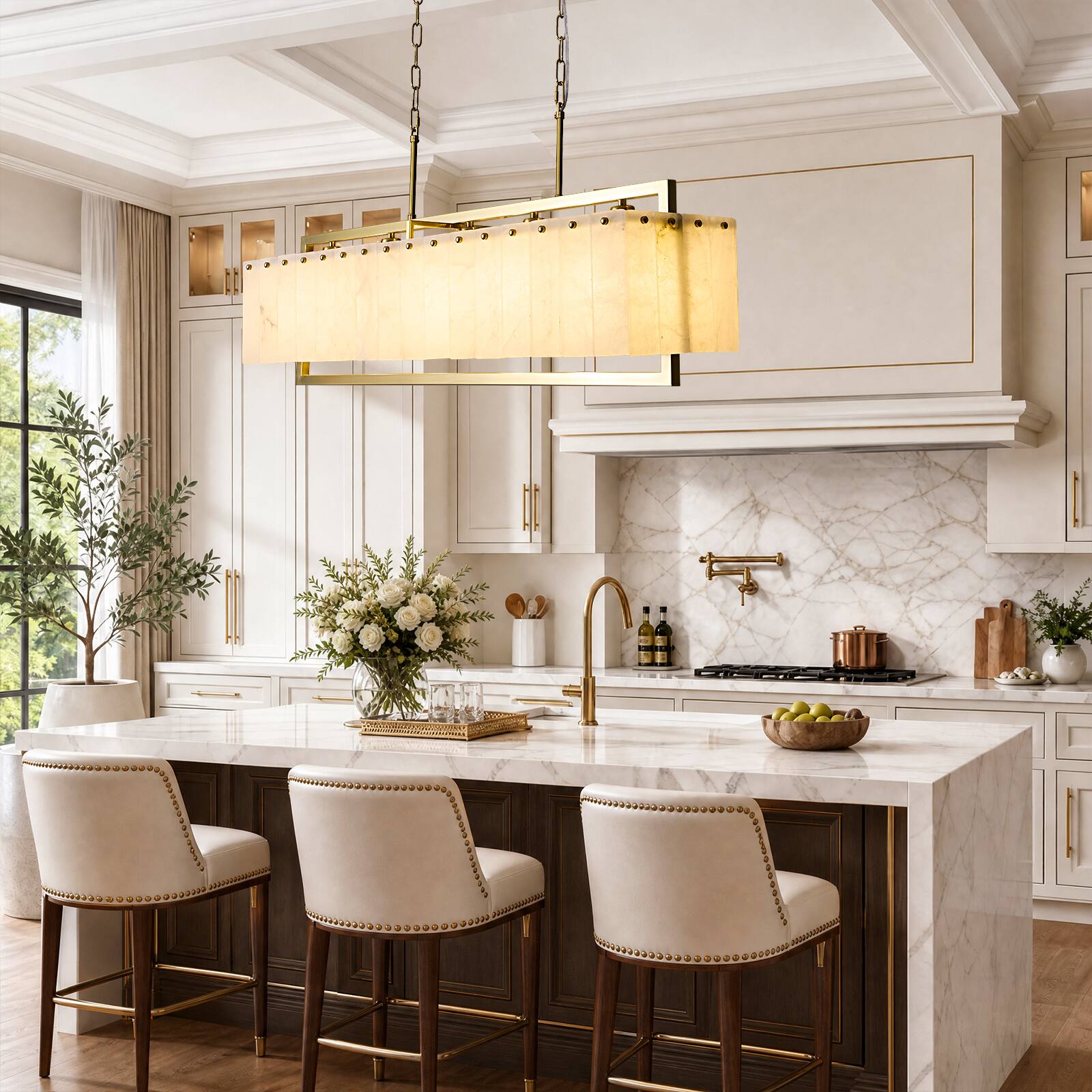 Alt View 4. Siljoy - 40in Spanish Marble Pendant Light Fixtures with 5-Lights for Kitchen Island - Gold.