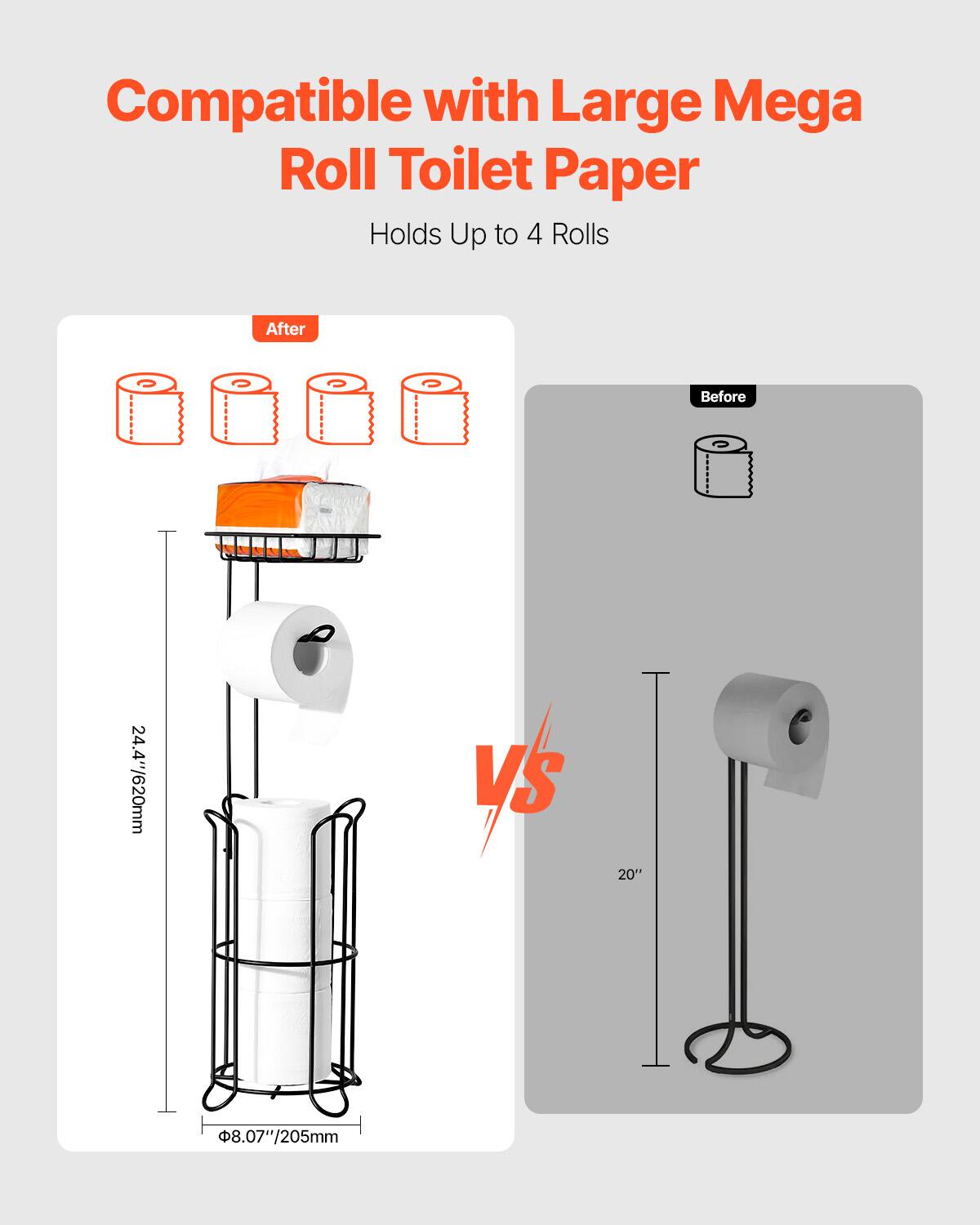 Compatible with Large Mega Roll Toilet Paper  
Holds Up to 4 Rolls  

After  
24.4"/620mm  
Ø8.07"/205mm  

Before  
20"