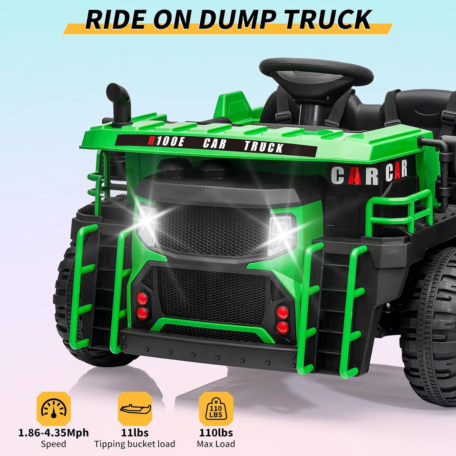 RIDE ON DUMP TRUCK

R100E CAR TRUCK

1.86-4.35Mph Speed

11lbs Tipping bucket load

110lbs Max Load