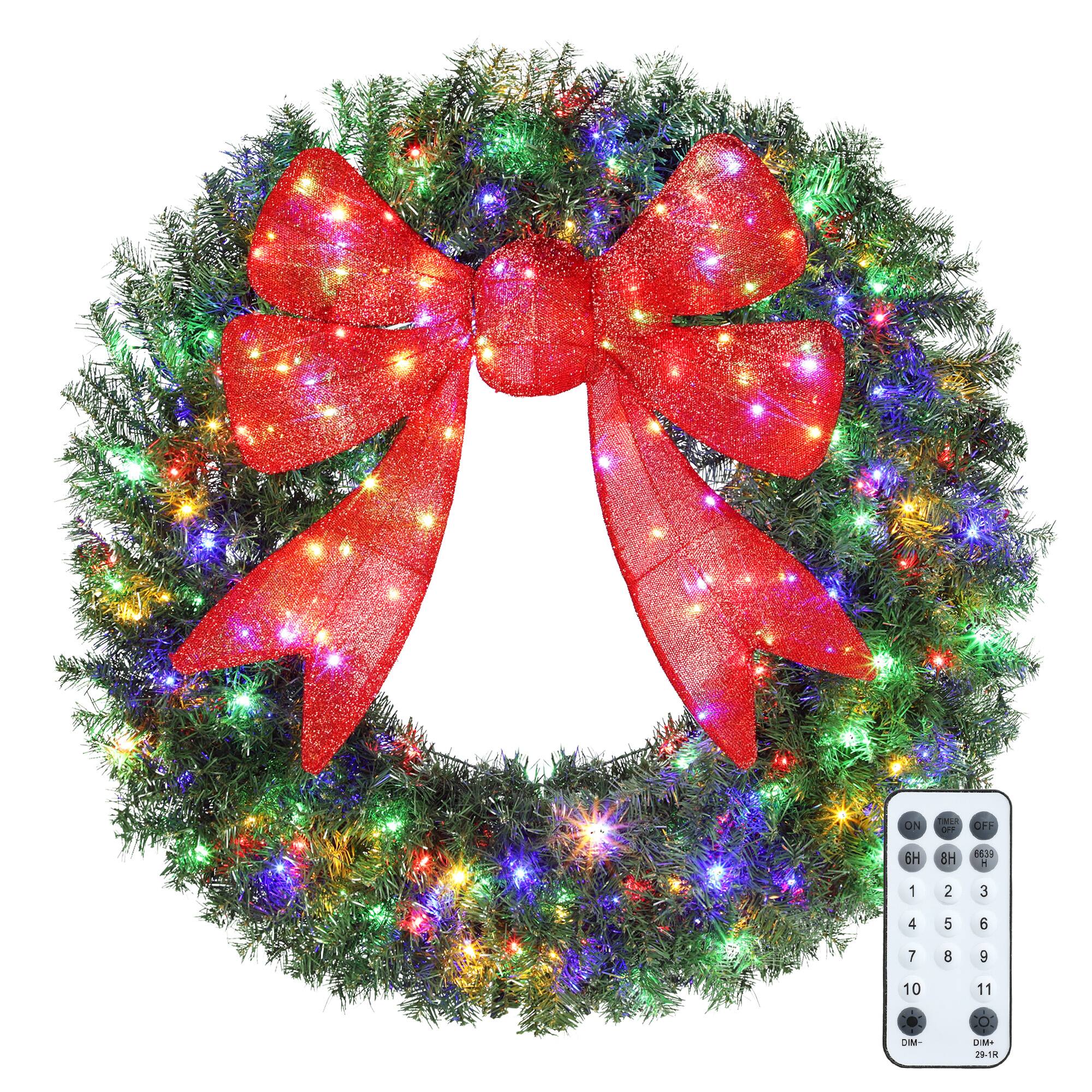 Homcom - 48in Pre-Lit Xmas Wreath, 3D Red Bow, 11 Modes, Remote, 200 LEDs, 702 Tips, Indoor Outdoor - Green