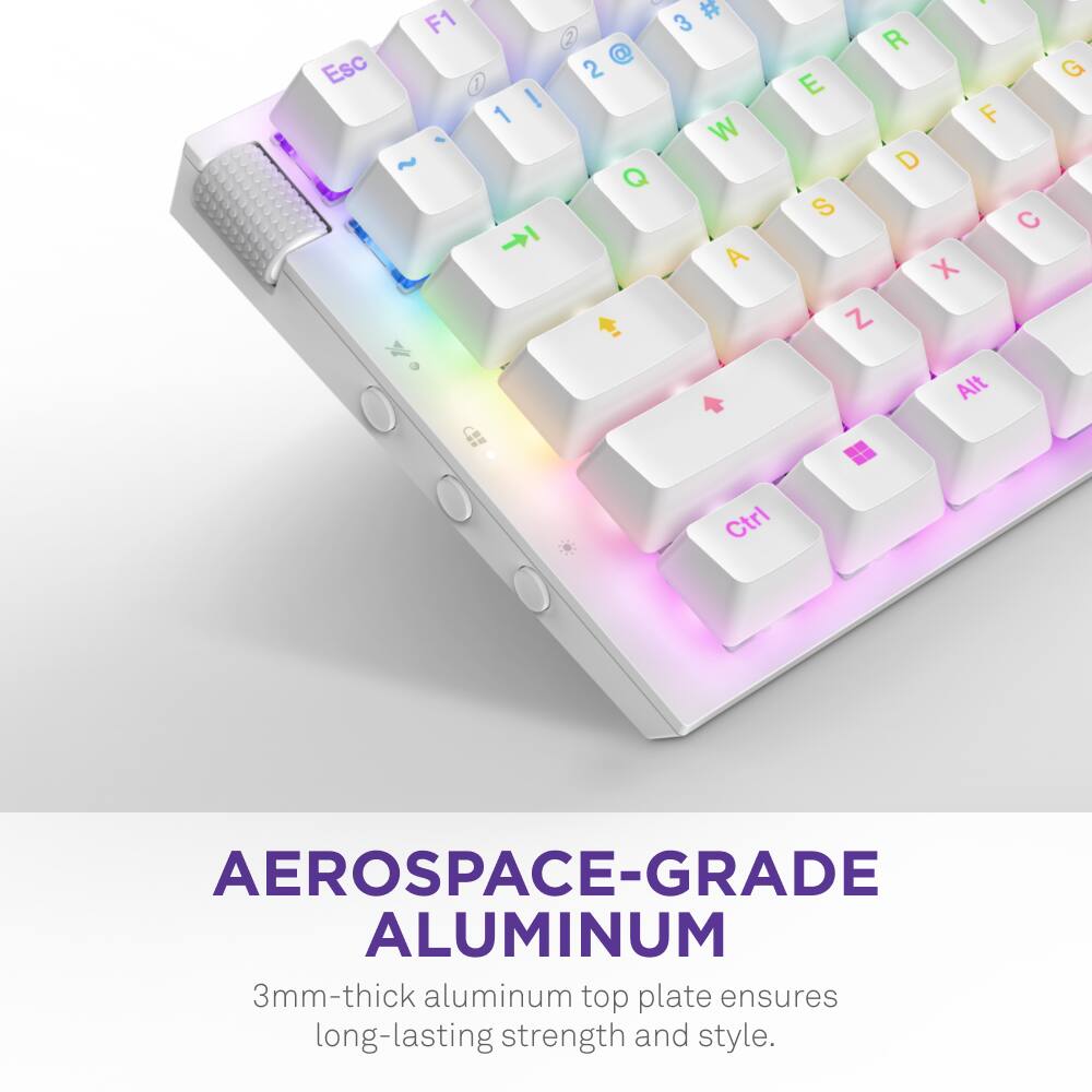 The text on the image reads:

"AEROSPACE-GRADE ALUMINUM 3mm-thick aluminum top plate ensures long-lasting strength and style."