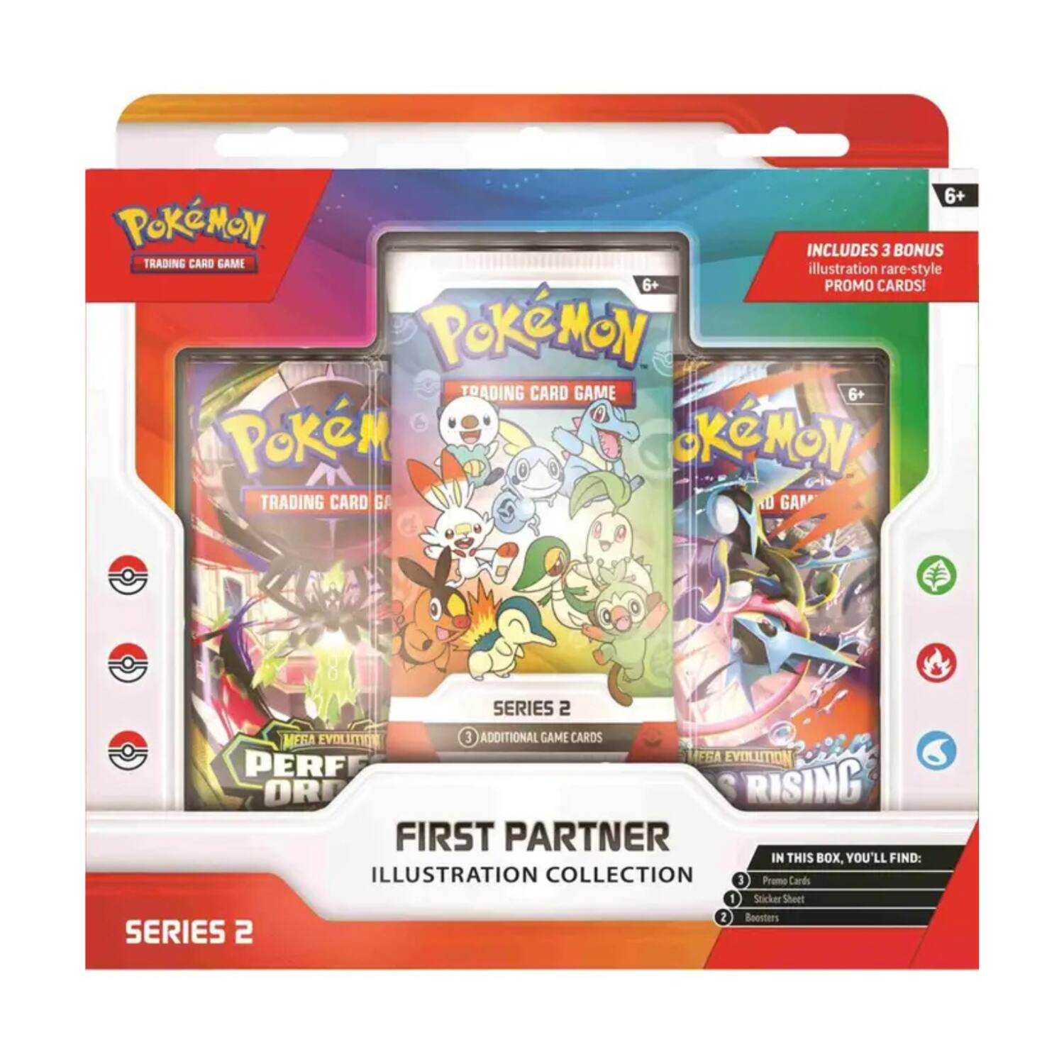 6+ Pokémon includes 3 bonus trading card game illustration rare-style 6+ promo cards! Pokémon trading card game 6+ Pokémon trading card game 10 game series 2 mega evolution 3 additional game cards hega evolution perfect rising first partner in this box, you'll find: illustration collection 3 promo cards 1 sticker sheet 2 boosters series 2