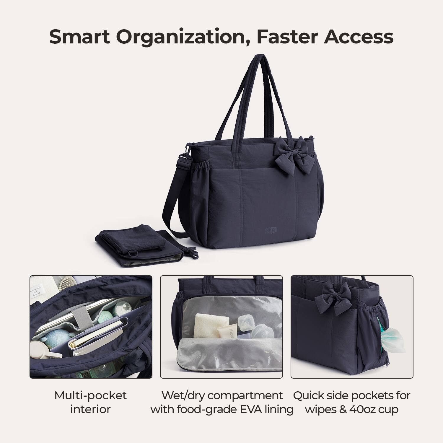 Smart Organization, Faster Access

Multi-pocket interior

Wet/dry compartment with food-grade EVA lining

Quick side pockets for wipes & 40oz cup