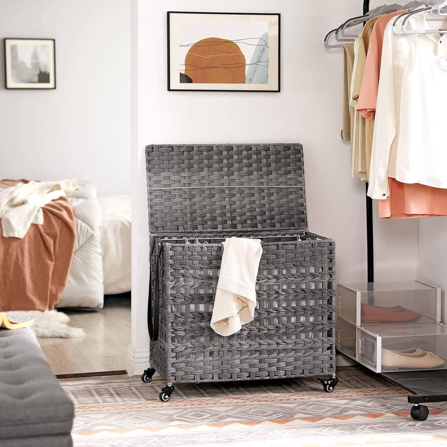 Angle. SlickBlue - Rattan Laundry Hamper Cart with 3 Baskets and Removable Cotton Bags - Grey.