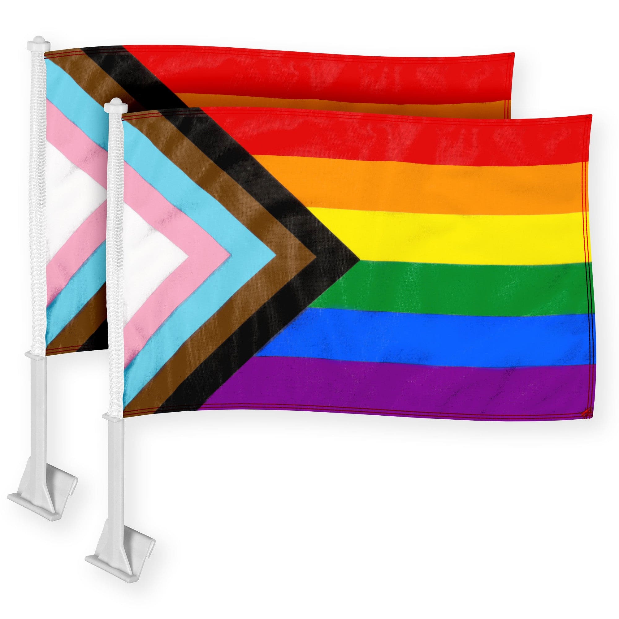 G128 - 2-Pack LGBT Progress Pride Car Flags with Poles — 11 x 17 in, Double-Sided 150D Polyester - Assorted Colors