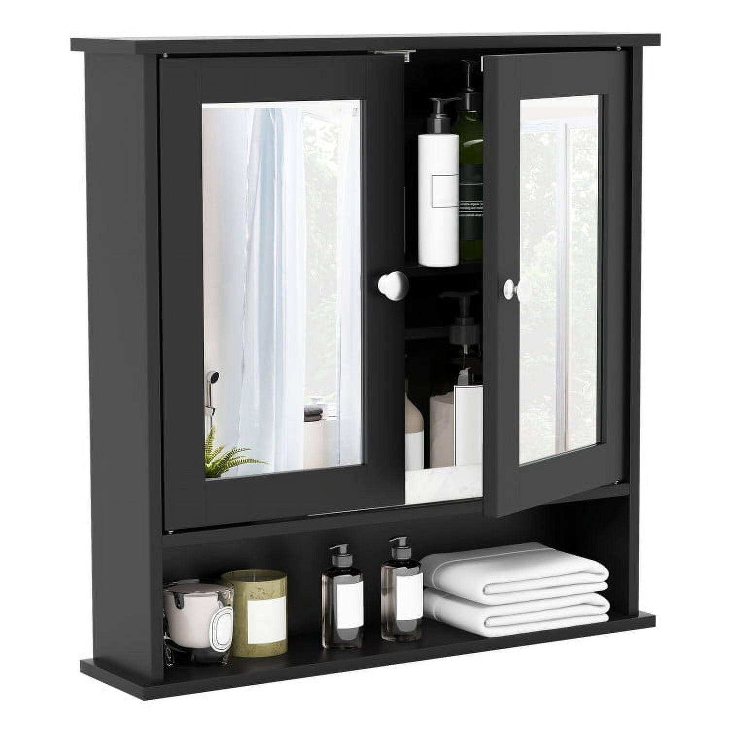 Back. Pefilos - Double Door Wall-Mounted Bathroom Mirror Cabinet, Mirror Cabinet with Storage Shelf, Adjustable Storage Space Cabinet - Black.