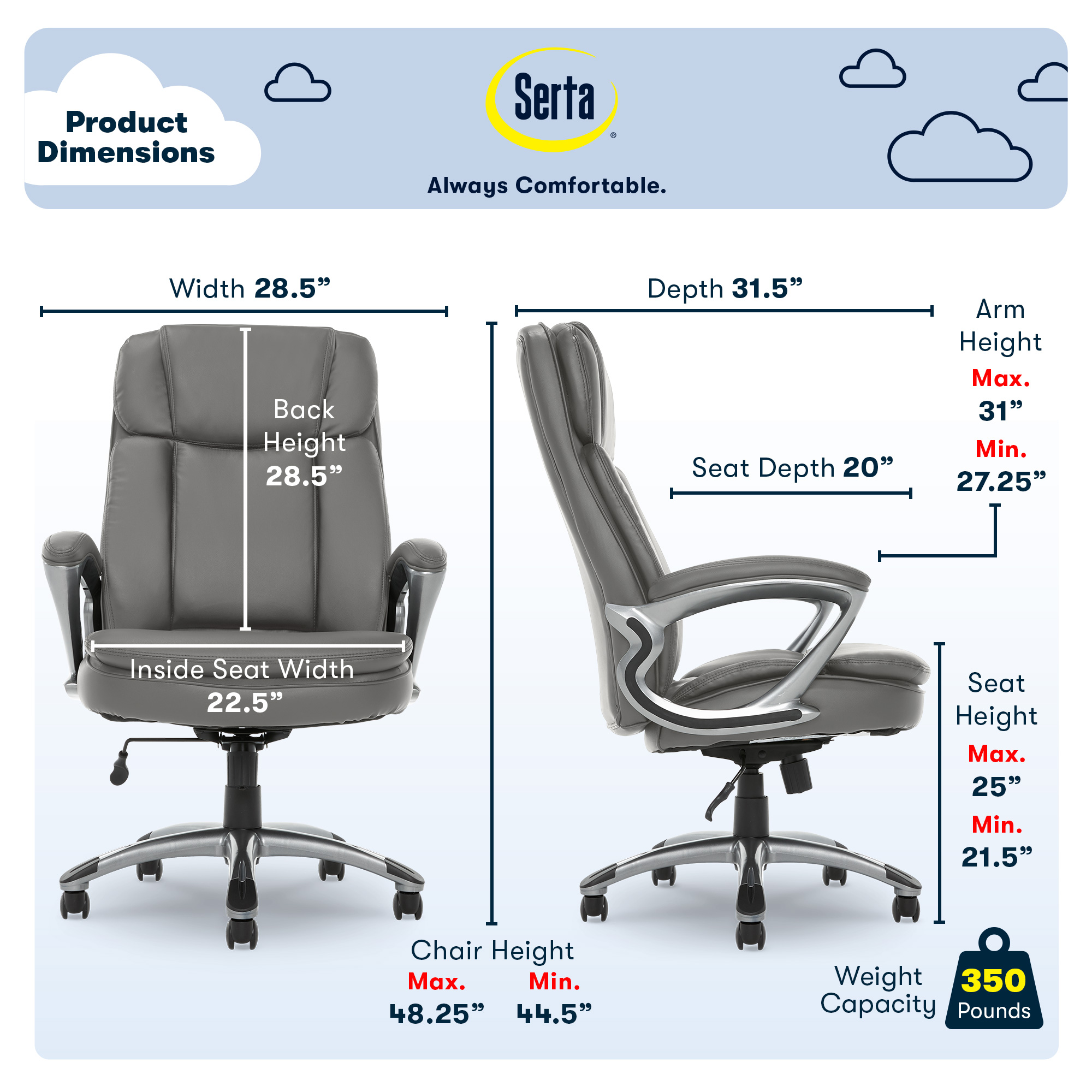 Left View: Serta - Fairbanks Bonded Leather Big and Tall Executive Office Chair - Gray