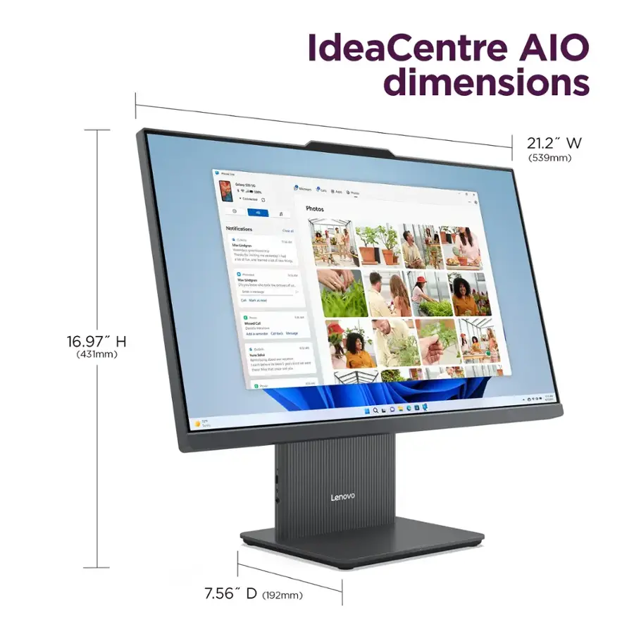 IdeaCentre AIO dimensions: 21.2" W (539mm) - 16.97" H (431mm) - 7.56" D (192mm)