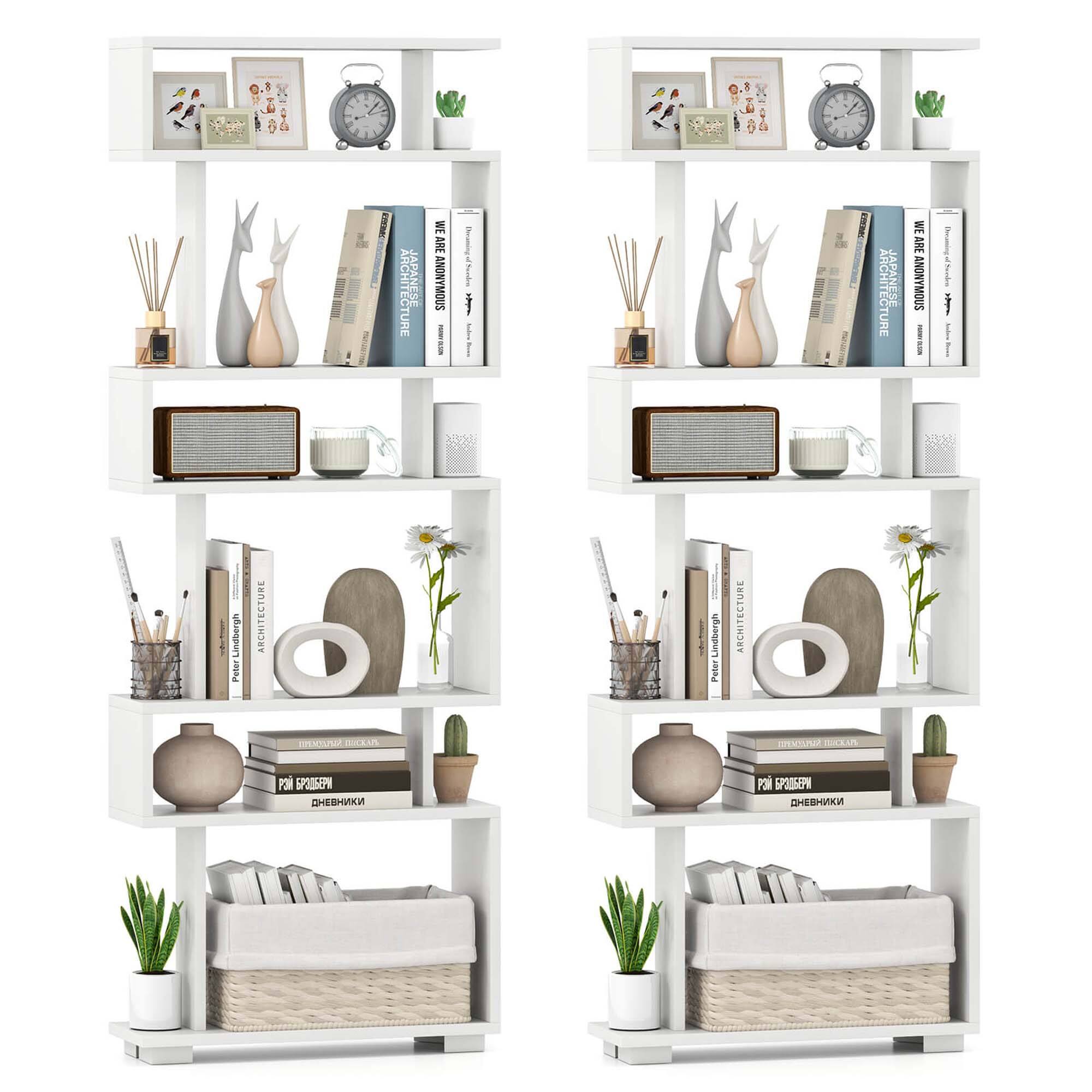 Costway - 2 PCS Bookcase 6-Tier Bookshelf with Anti-Tipping Kit Freestanding Display Shelf - White