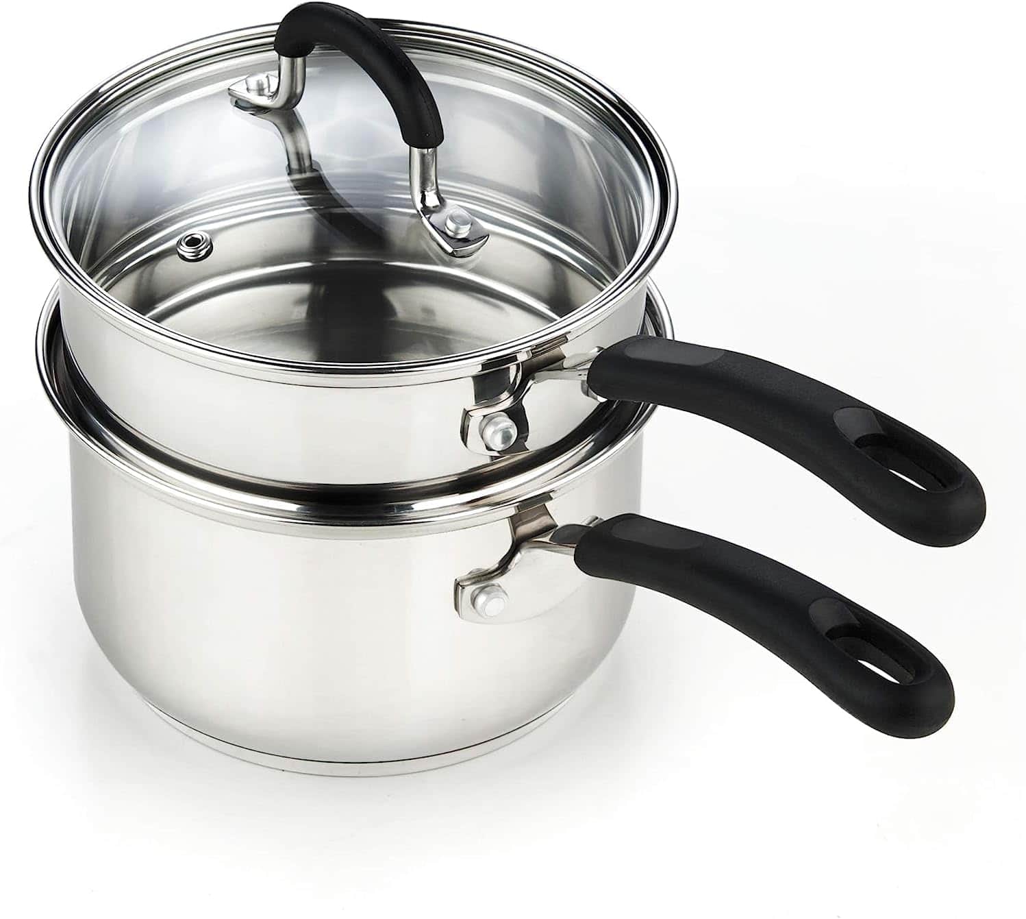 Cook N Home - Double Boiler 2qt S/S Saucepan Steam Melting Pot for Chocolate, Butter and Cheese W/Glass Lid, Induction - Stainless Steel