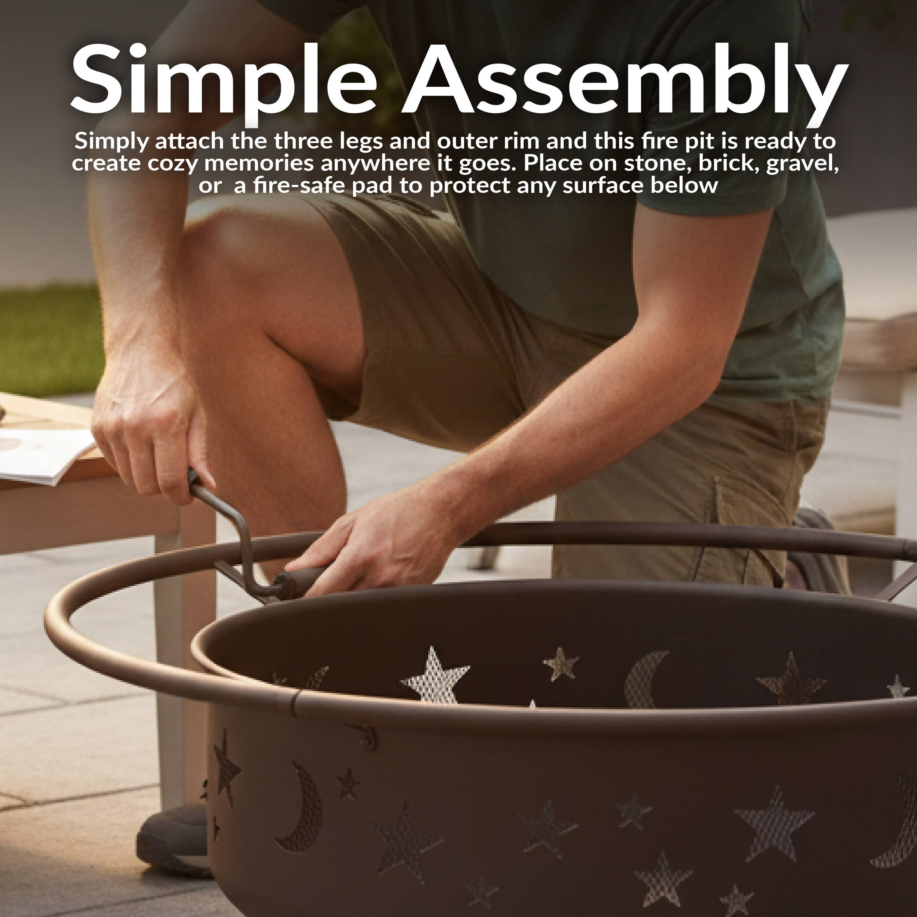 Simple Assembly

Simply attach the three legs and outer rim and this fire pit is ready to create cozy memories anywhere it goes. Place on stone, brick, gravel, or a fire-safe pad to protect any surface below