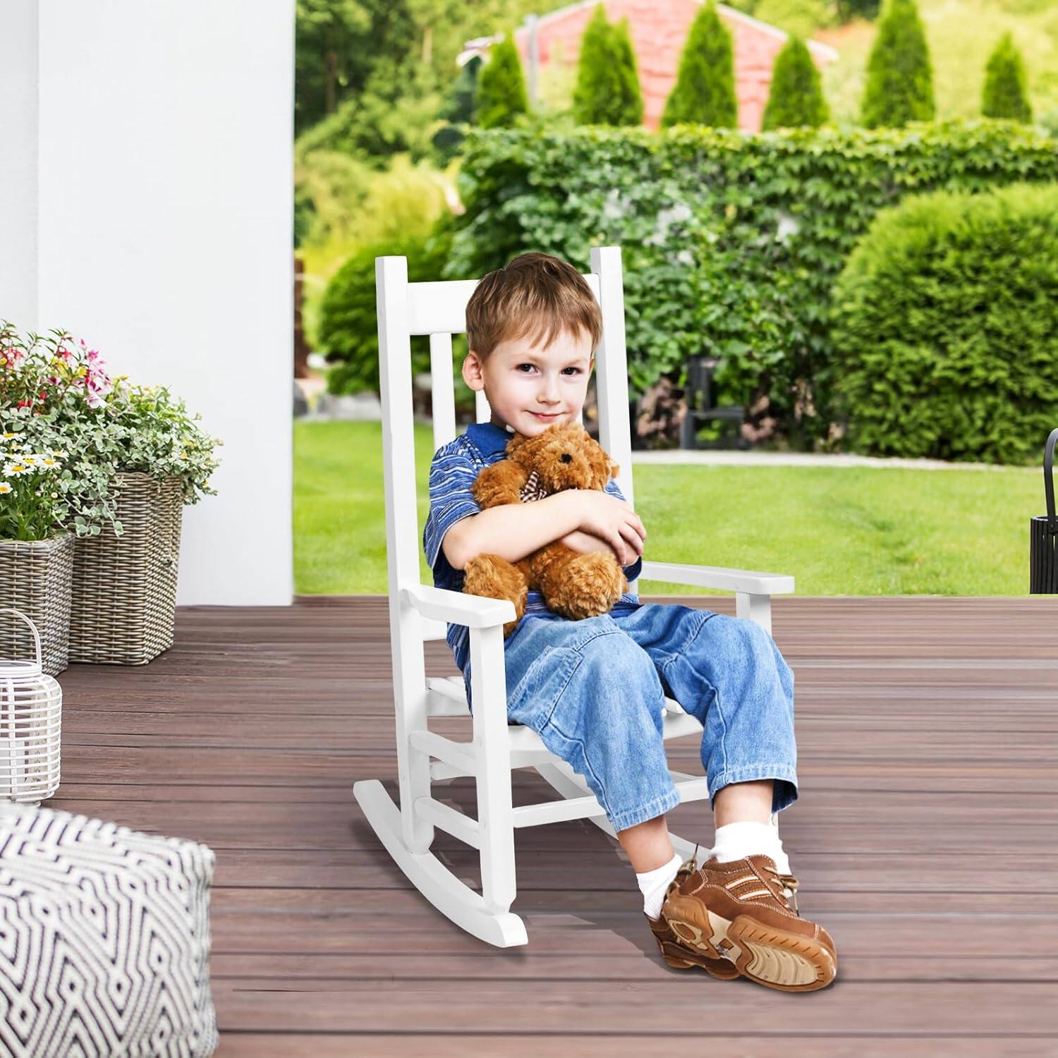 Alt View 8. Winado - Wooden Child's Rocking Chair, All Weather Wooden Rocking Chair with High Backrest, Patio Rocker for Garden Yard Balcony - White.