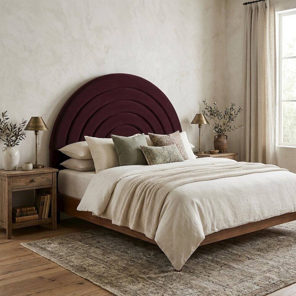 Angle. FurniFact - Arched Velvet Full Headboard in Soft Performance Fabric with Plush Design - Purple.