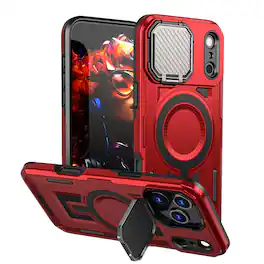 Dteck - Heavy Duty Rugged Case for Apple iPhone 17 Pro Max Shock-absorbent Lens Stand 2-Layer Protective PC TPU Back Cover Shell - Red