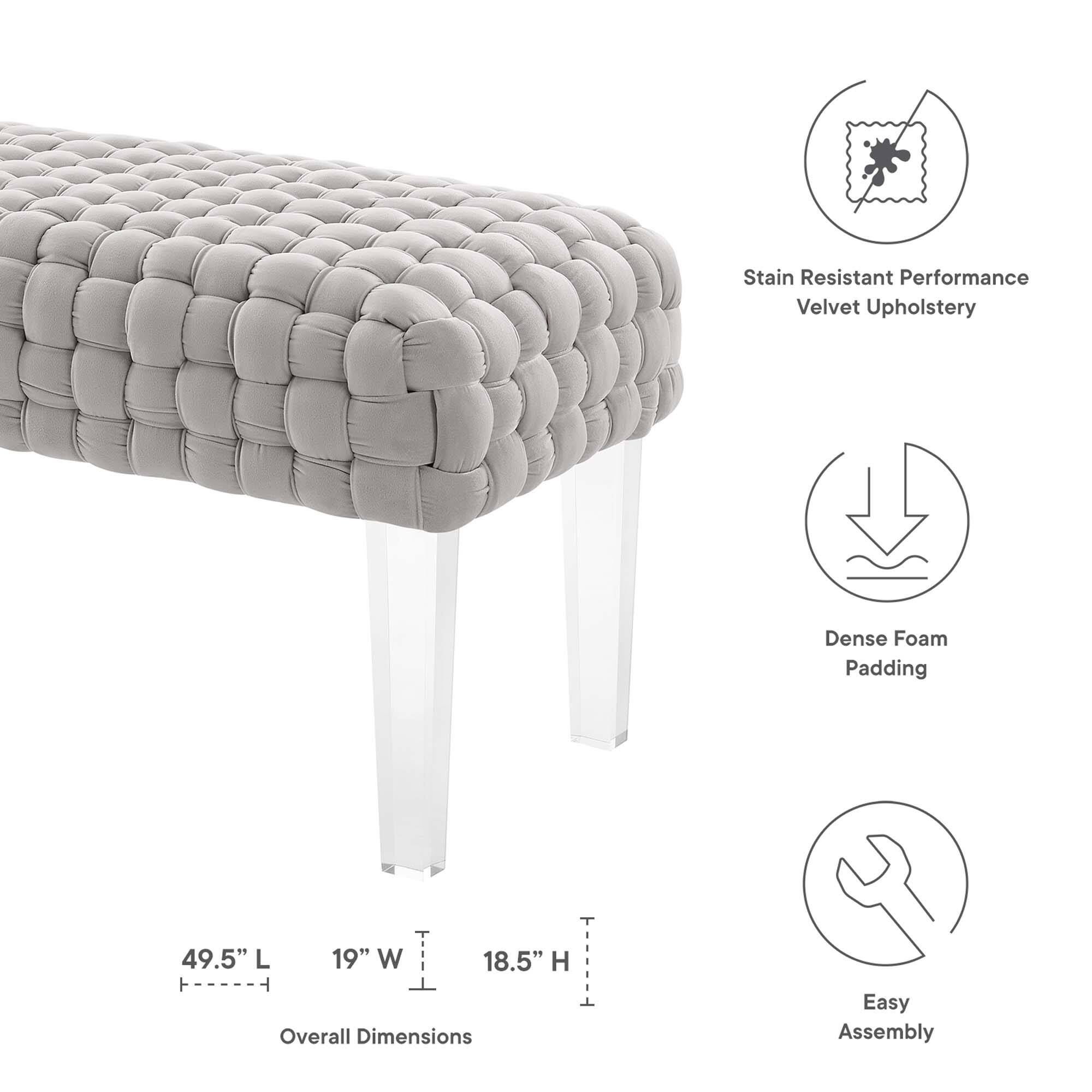 - Stain Resistant Performance Velvet Upholstery
- Dense Foam Padding
- Overall Dimensions: 49.5" L x 19" W x 18.5" H
- Easy Assembly