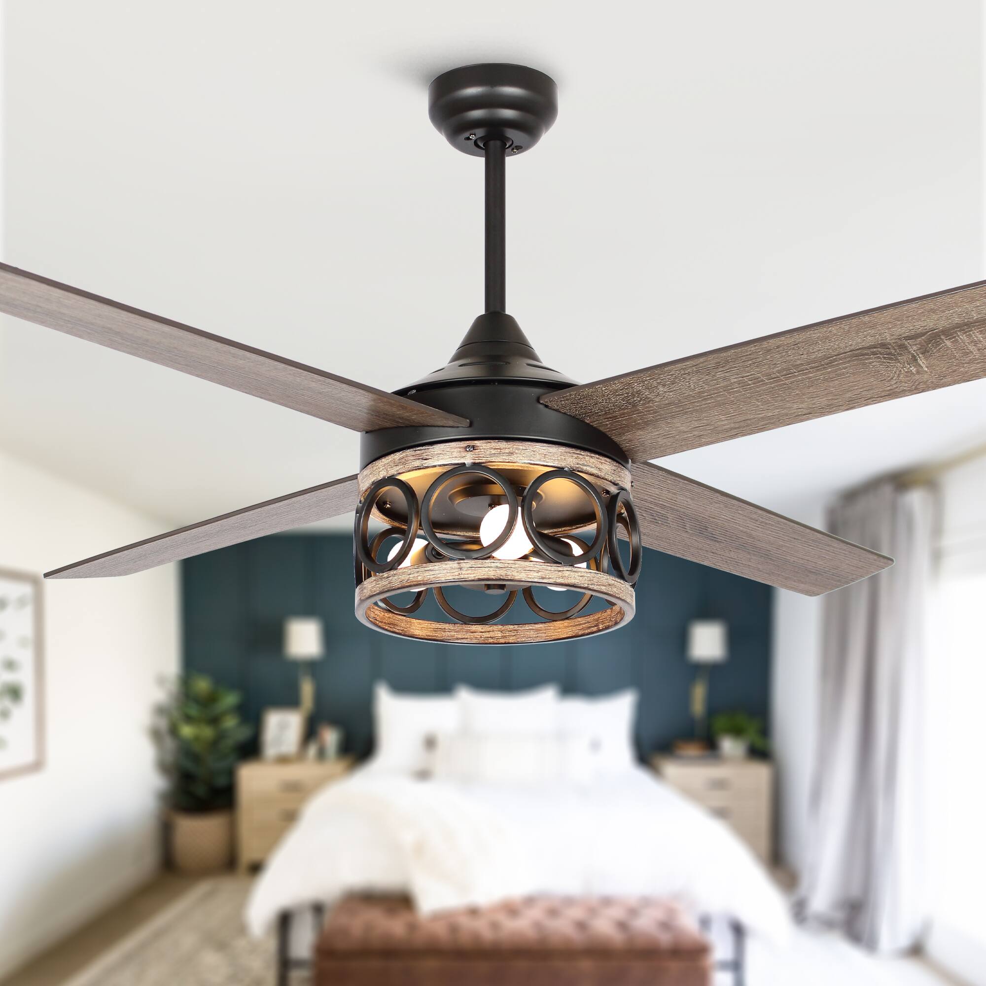 Front. Parrot Uncle - 52" Farmhouse 4-Blade Caged Ceiling Fan with Remote Control - Black.