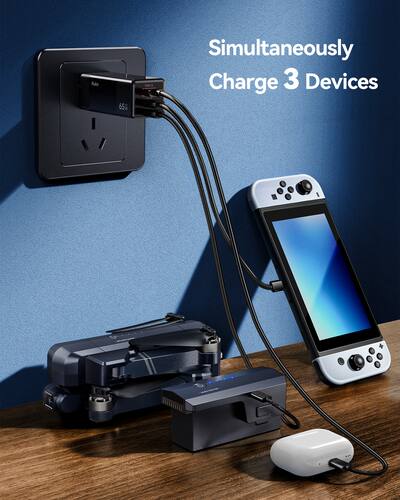 65W GaN USB-C Wall Charger - 3-Port Fast Foldable Adapter With 6ft Cable - Universal, White