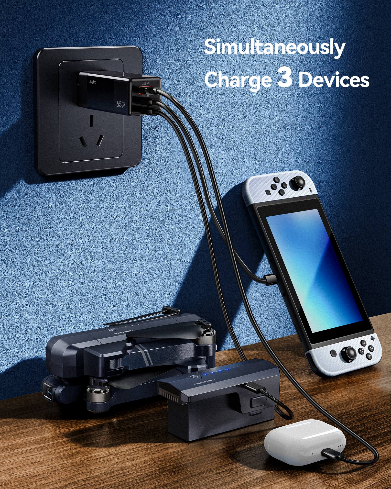 Ruko 65W 18-A Simultaneously Charge 3 Devices