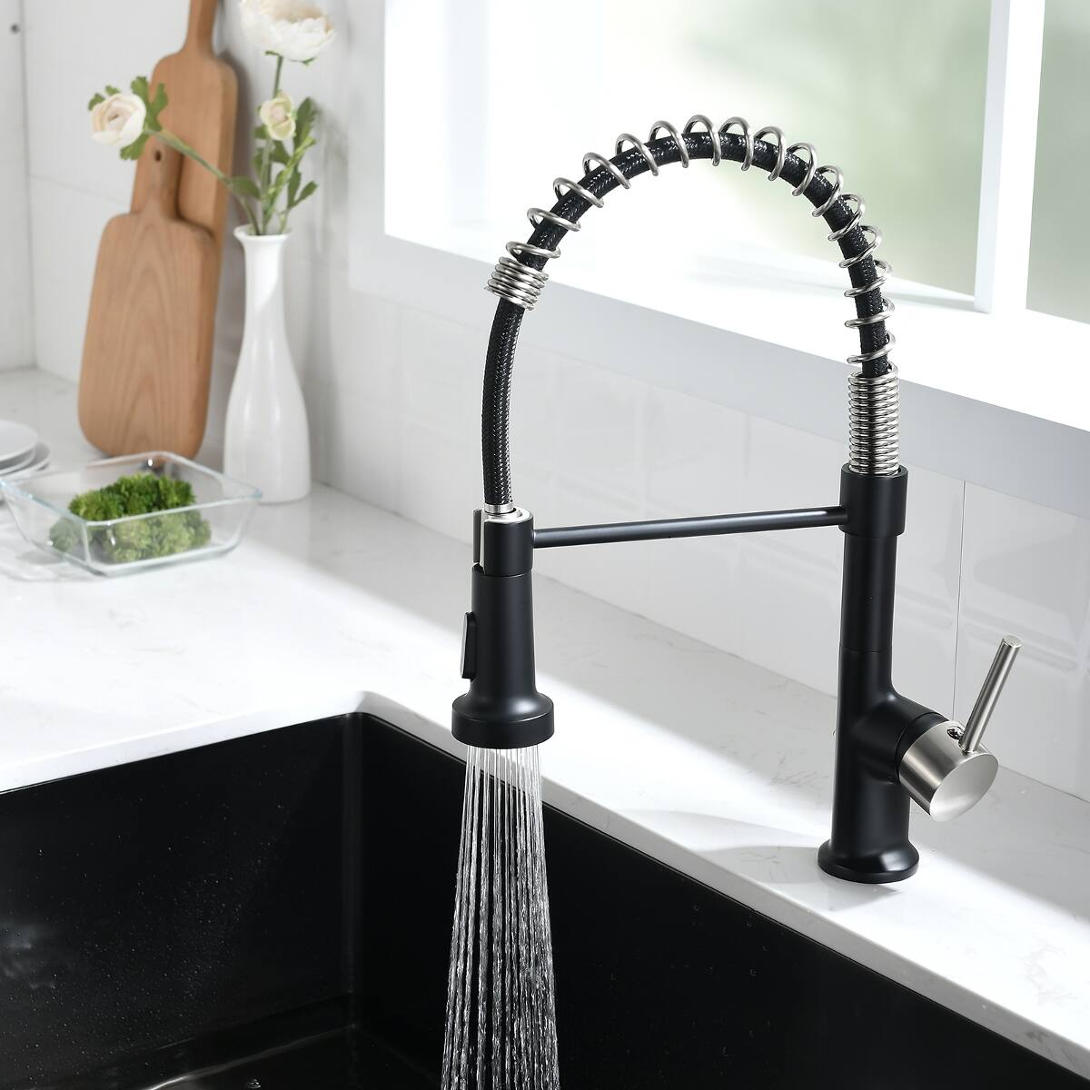 Front. Ropilly - Ropilly Commercial Kitchen Faucet with Pull Down Sprayer, Black Nickel Single Handle Spring Kitchen Sink Faucet - Black and Silver.