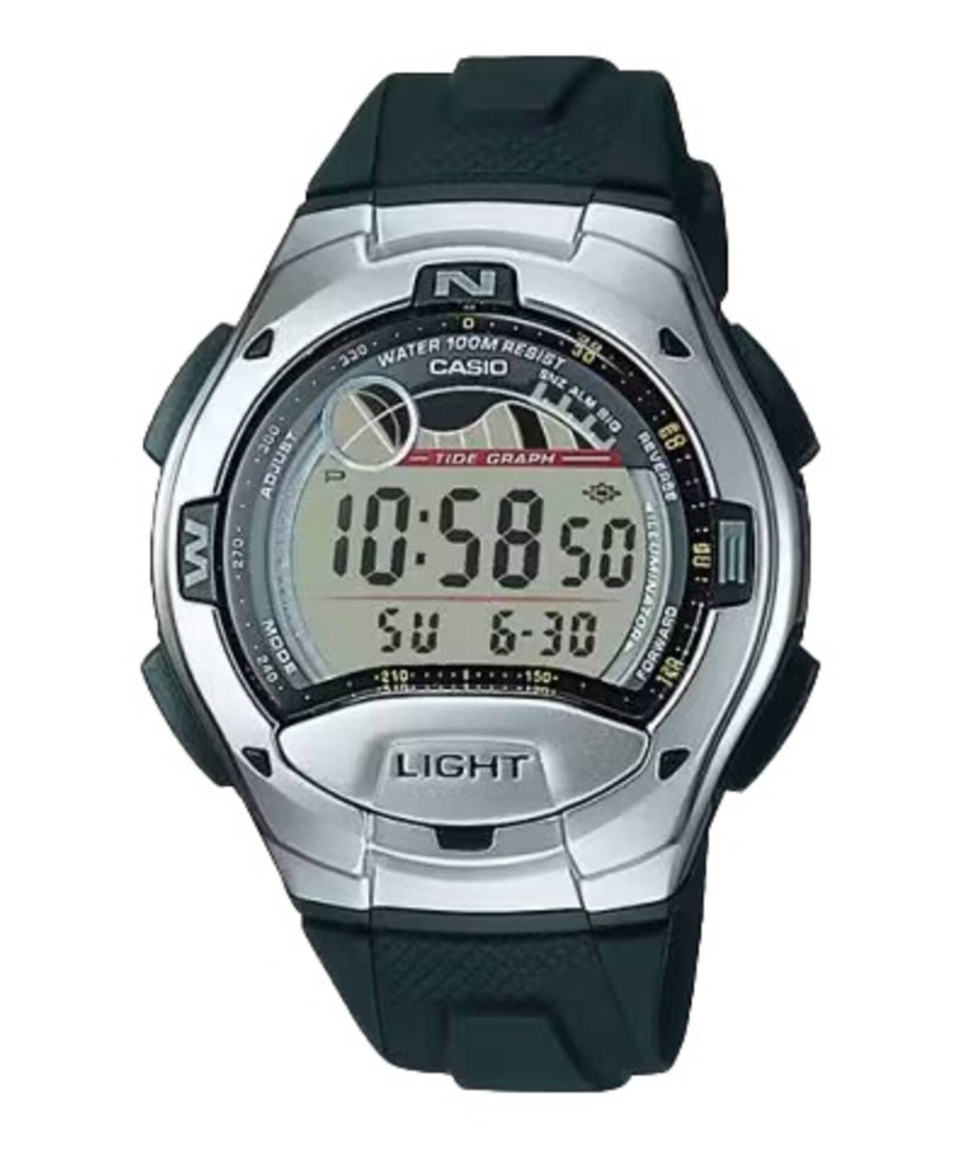 Sure, here is the corrected and grouped text from the image:

- **CASIO**
- **WATER 100M RESIST**
- **TIDE GRAPH**
- **ADJUST REVERSE**
- **LIGHT**
- **MODE**
- **6-30**
- **10:58 50**
- **50 6-30**
- **270**
- **240**
- **210**
- **150**
- **120**
- **100**
- **80**
- **60**
- **40**
- **20**
- **0**
- **-20**
- **-40**
- **-60**
- **-80**
- **-100**
- **-120**
- **-140**
- **-160**
- **-180**
- **-200**
- **-220**
- **-240**
- **-260**
- **-280**
- **-300**
- **-320**
- **-340**
- **