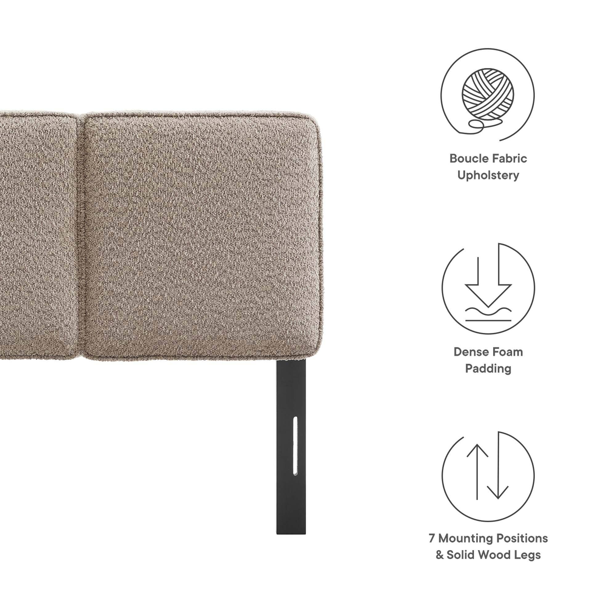 - Boucle Fabric Upholstery
- Dense Foam Padding
- 7 Mounting Positions & Solid Wood Legs
