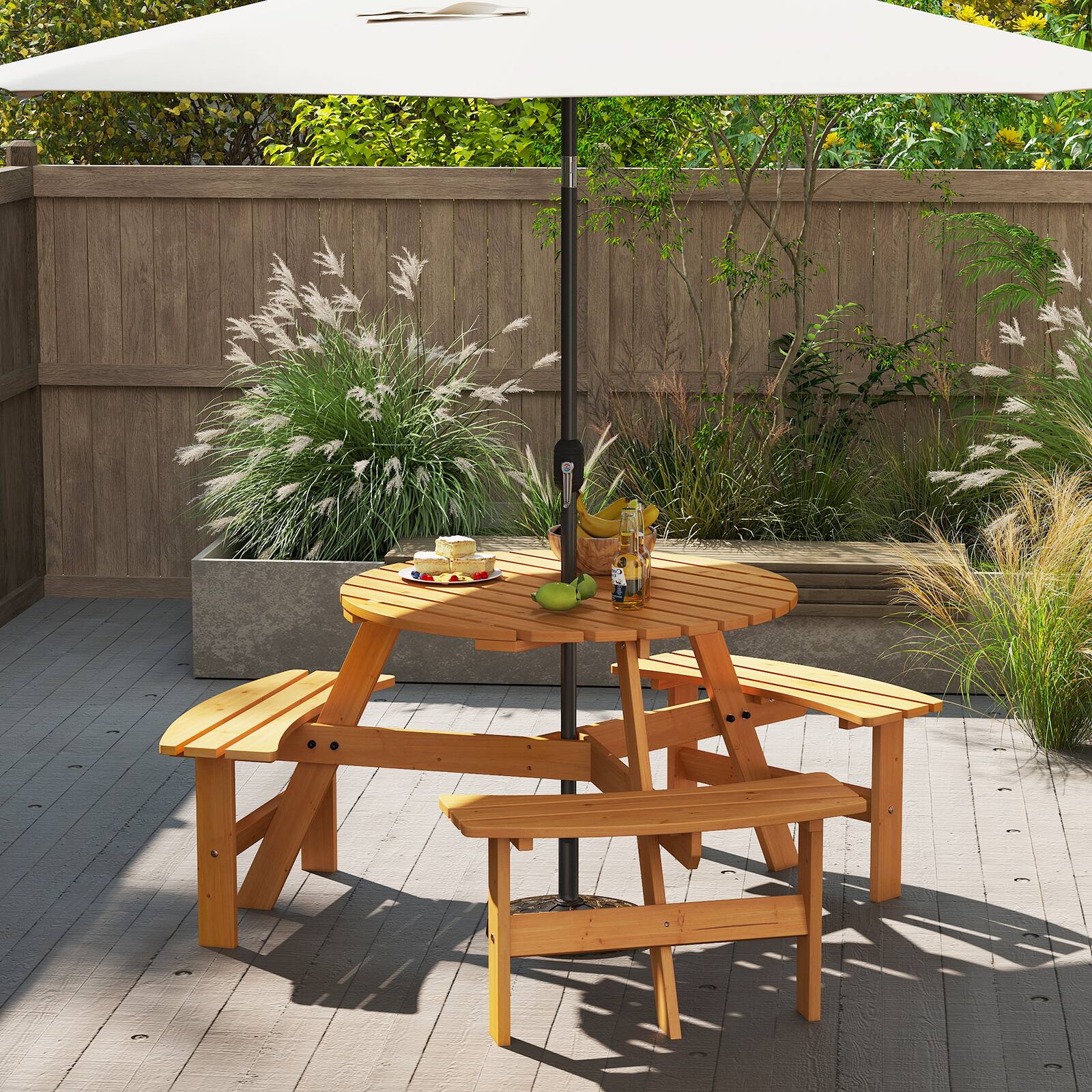 Alt View 4. Gymax - Gymax 6-Person Round Picnic Table Set w/ 3 Built-in Benches 2'' Umbrella Hole Yellow - Natural, Black.