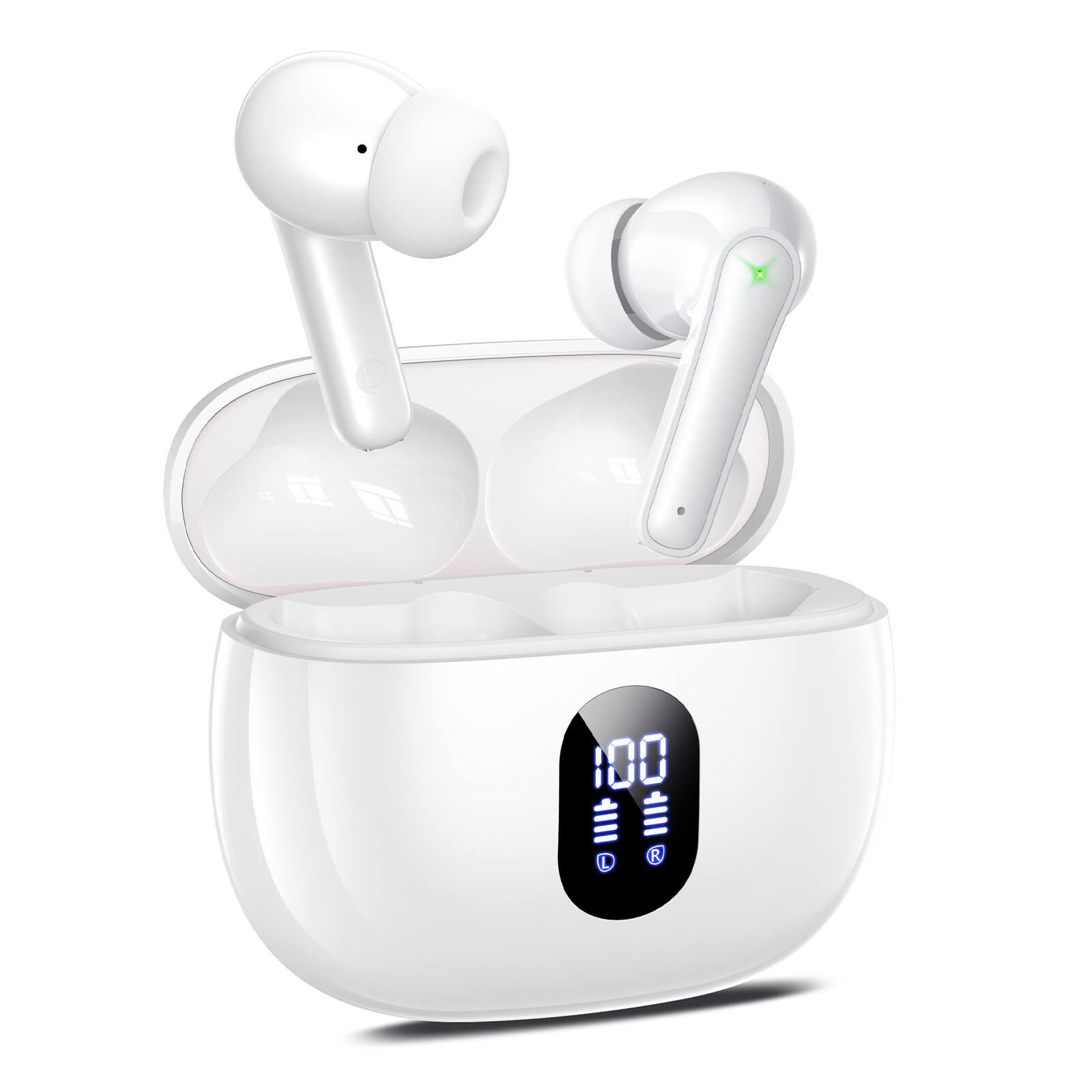 Trigiz - Wireless Earbuds with Big Bass Stereo Sound, 65 Hours Playtime, IPX7, Hands-Free Calls with AI for iPhone - White