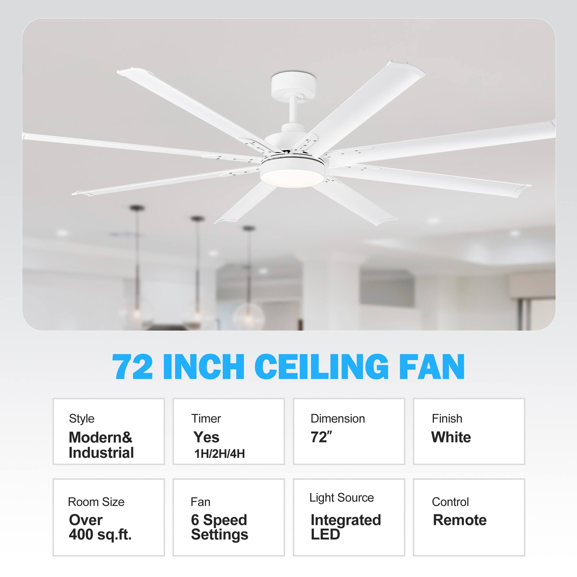 72 INCH CEILING FAN
Style: Modern& Industrial
Timer: Yes 1H/2H/4H
Dimension: 72"
Finish: White
Room Size: Over 400 sq.ft.
Fan: 6 Speed Settings
Light Source: Integrated LED
Control: Remote