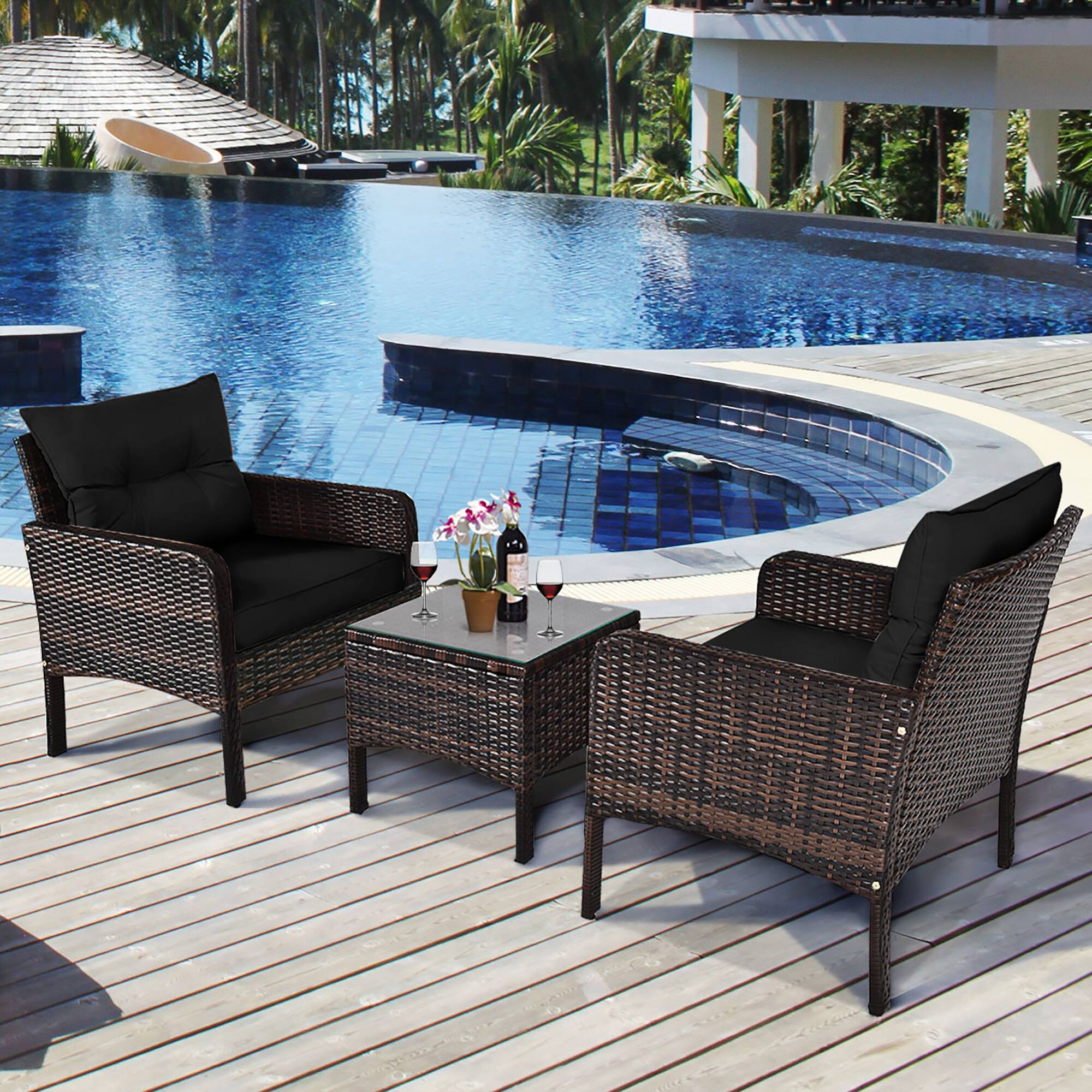 Alt View 1. Costway - 3PCS Outdoor Rattan Conversation Set Patio Garden Cushioned Sofa Chair - Black.
