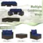 The image shows a variety of furniture pieces, including blue couches, a coffee table, and an armchair. The text on the image suggests that the package includes corner sofas, coffee table, and armchairs. The combination of these pieces can create a comfortable and functional living space.