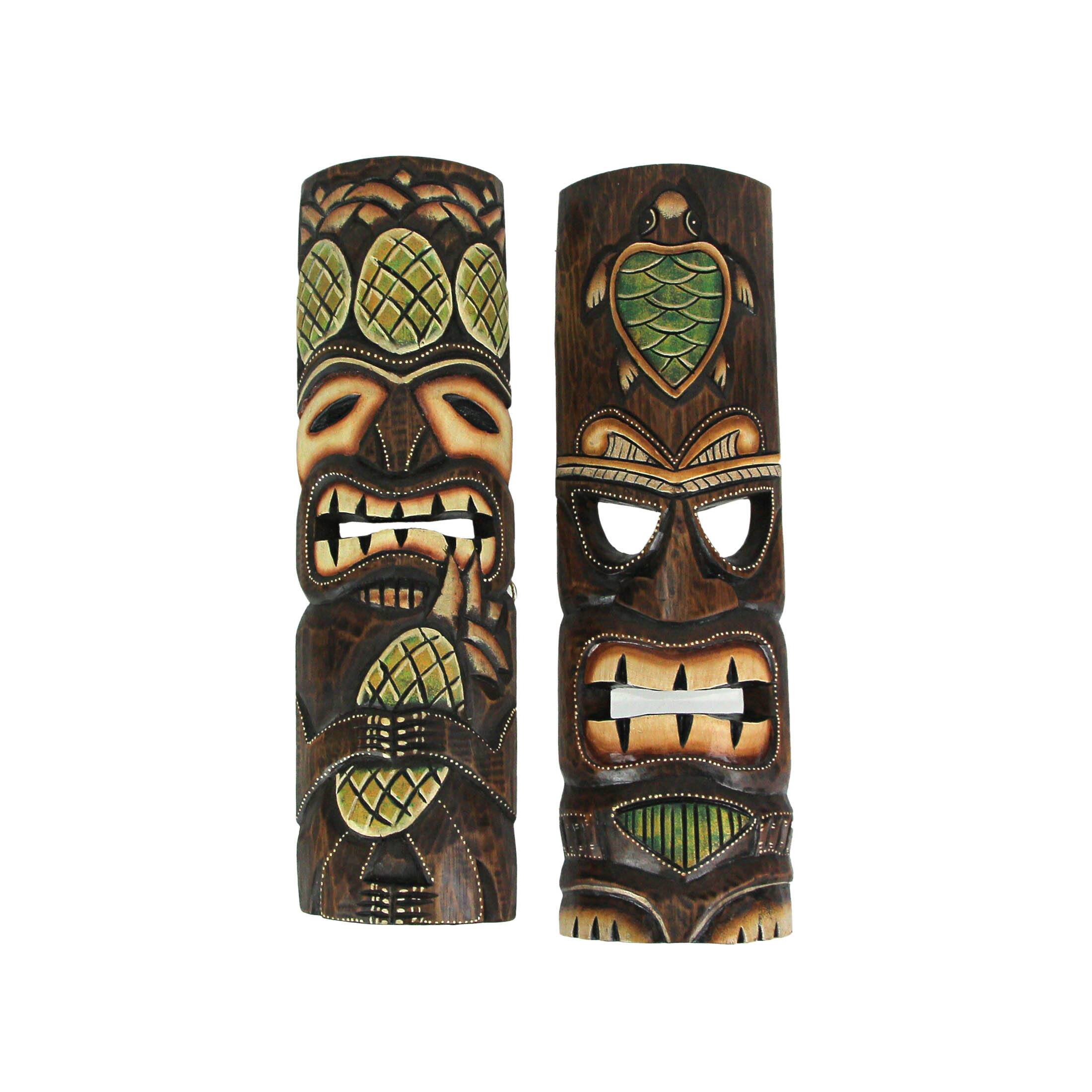 Front. J.D. Yeatts - Hand Crafted Wooden Tiki Wall Masks 20 Inch Set of 2 Pineapple / Sea Turtle - Multicolored.