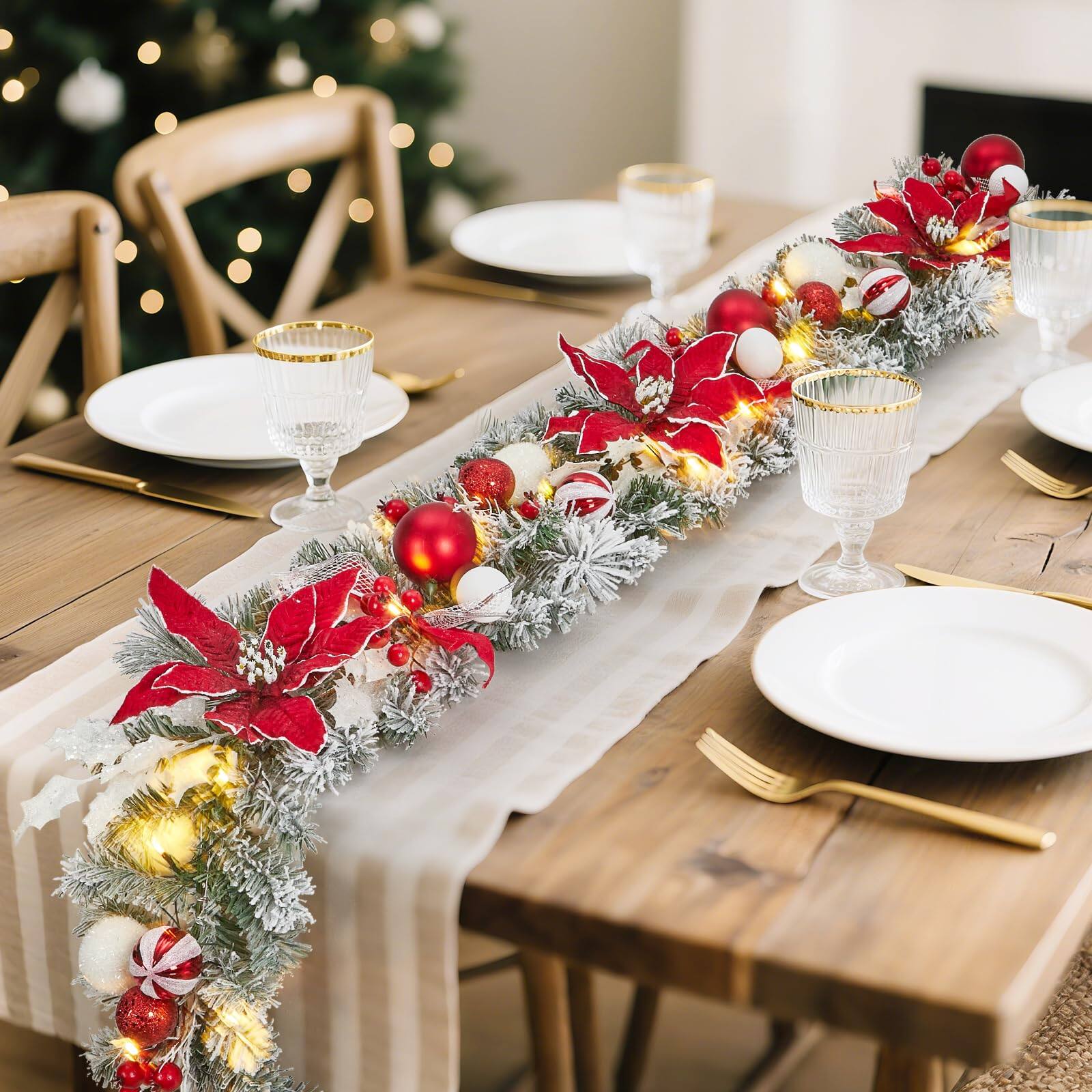 Angle. Acekool - 6FT Pre-Lit Christmas Garland with 20 Lights Flowers Ball Ornaments Berries for Fireplace Mantle Indoor Outdoor Decor - Red.