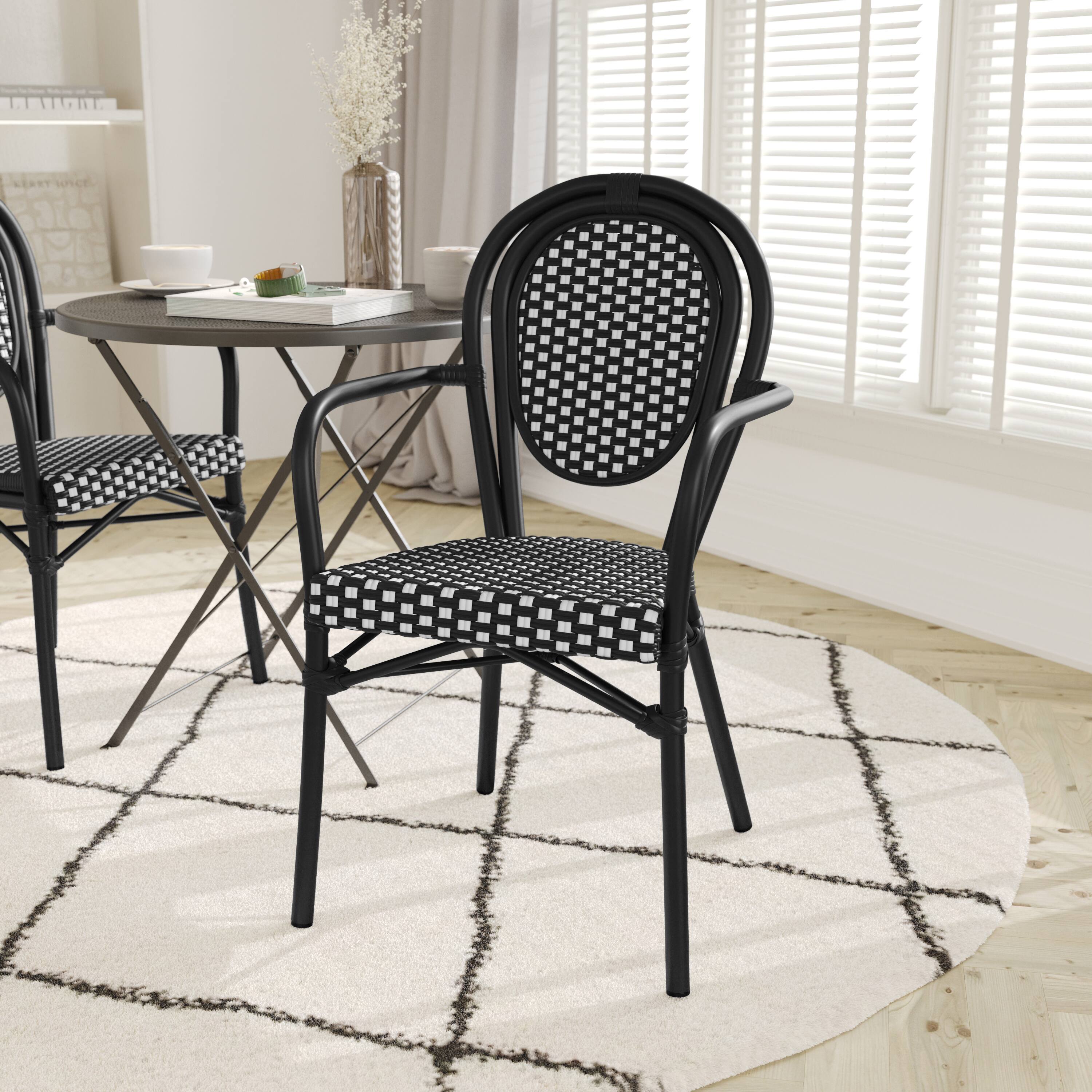 Alt View 2. Emma + Oliver - 2 Pack Stacking Bistro Chair with Metal Frame & PE Seat - Navy & White/Natural Frame.
