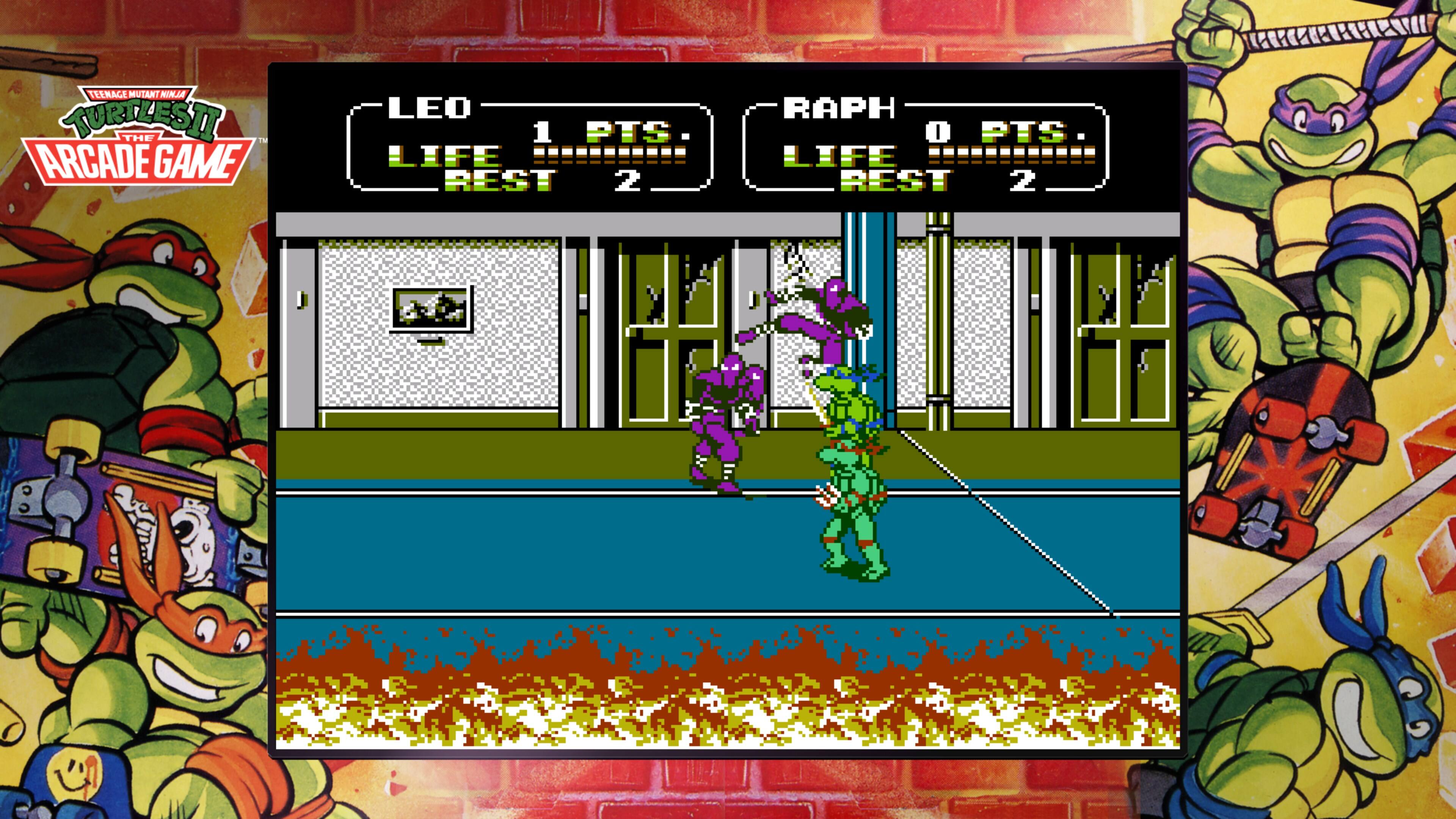 Teenage Mutant Ninja Turtles at the arcade game. Leo has 1 point, Life 1, and Rest 2. Raph has 0 points, Life 2, and Rest 2.